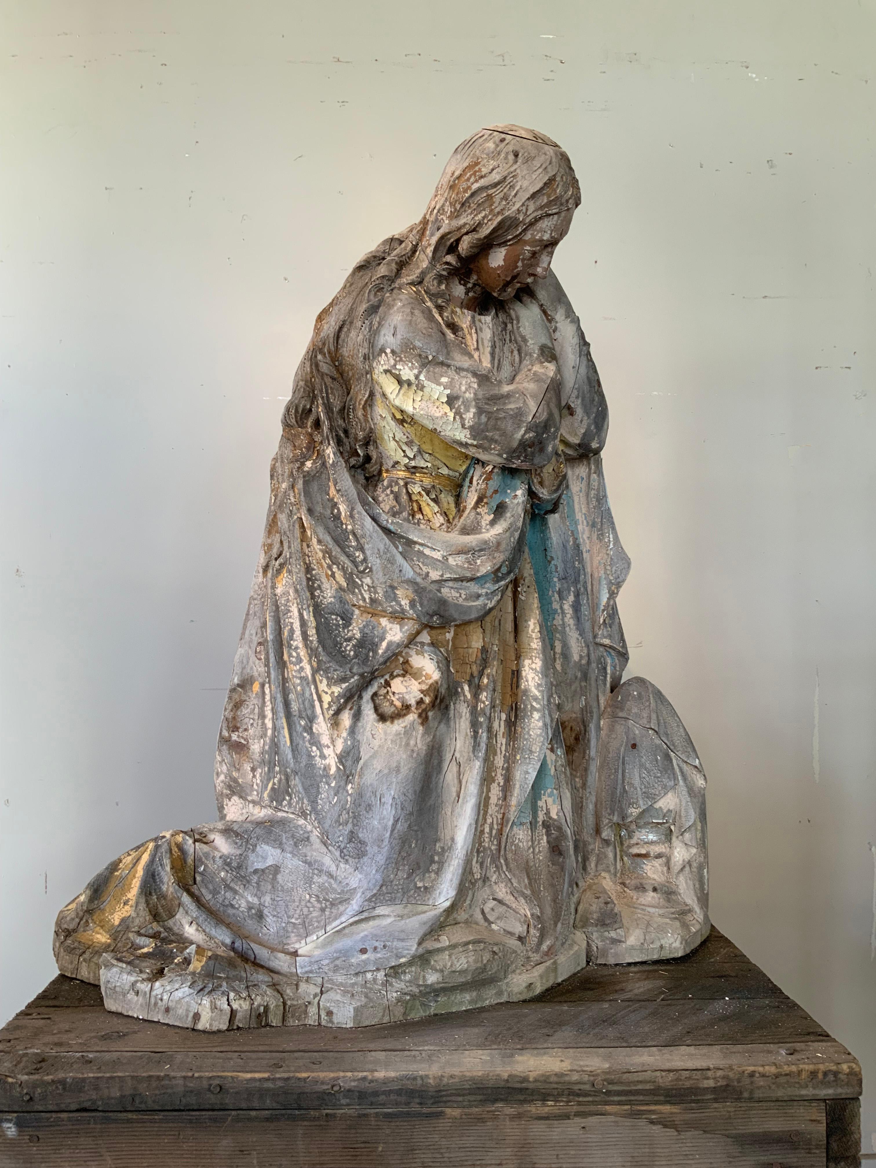 19th Century Antique 19th century Distressed Carved Wood Statue of a Saint