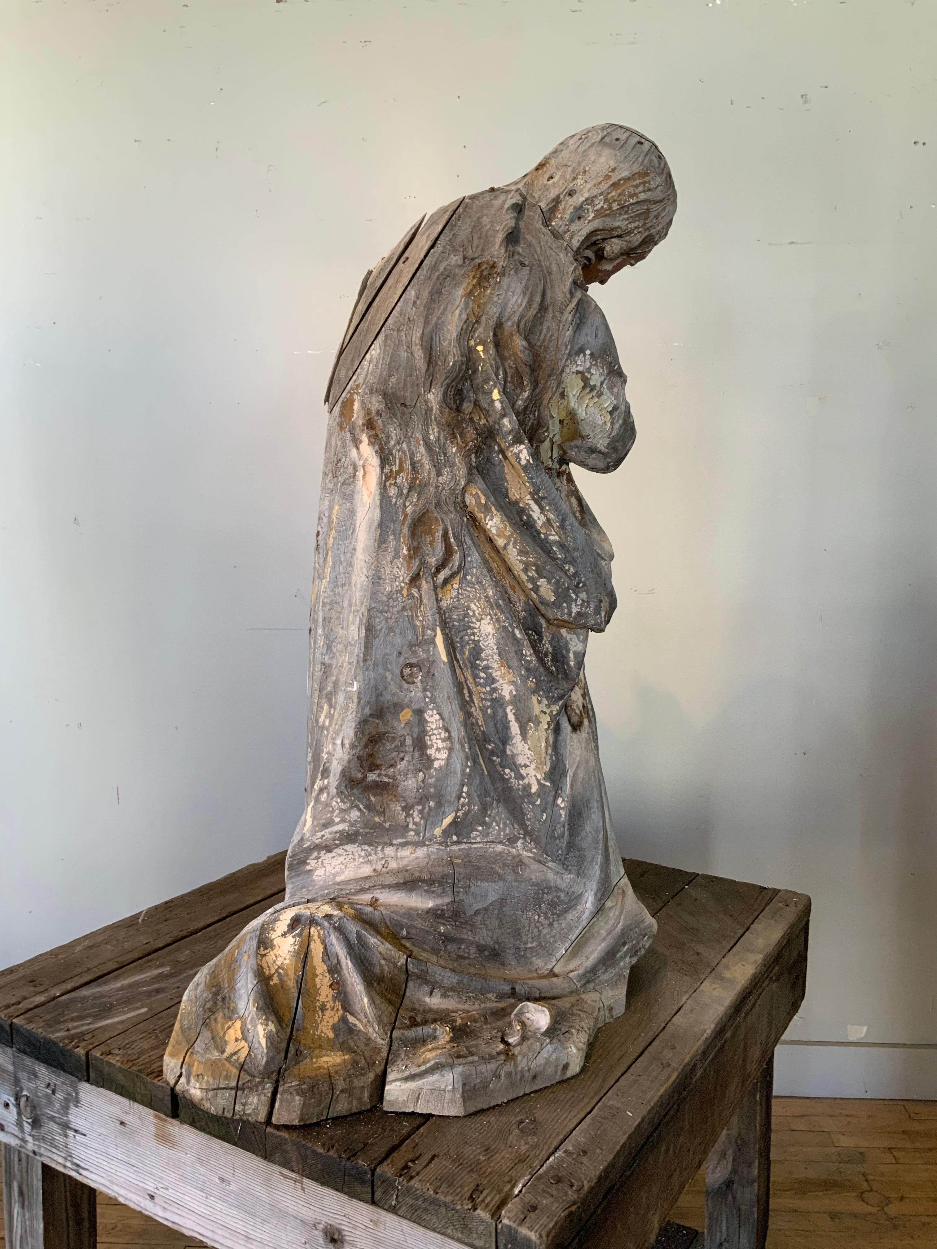 Antique 19th century Distressed Carved Wood Statue of a Saint 1