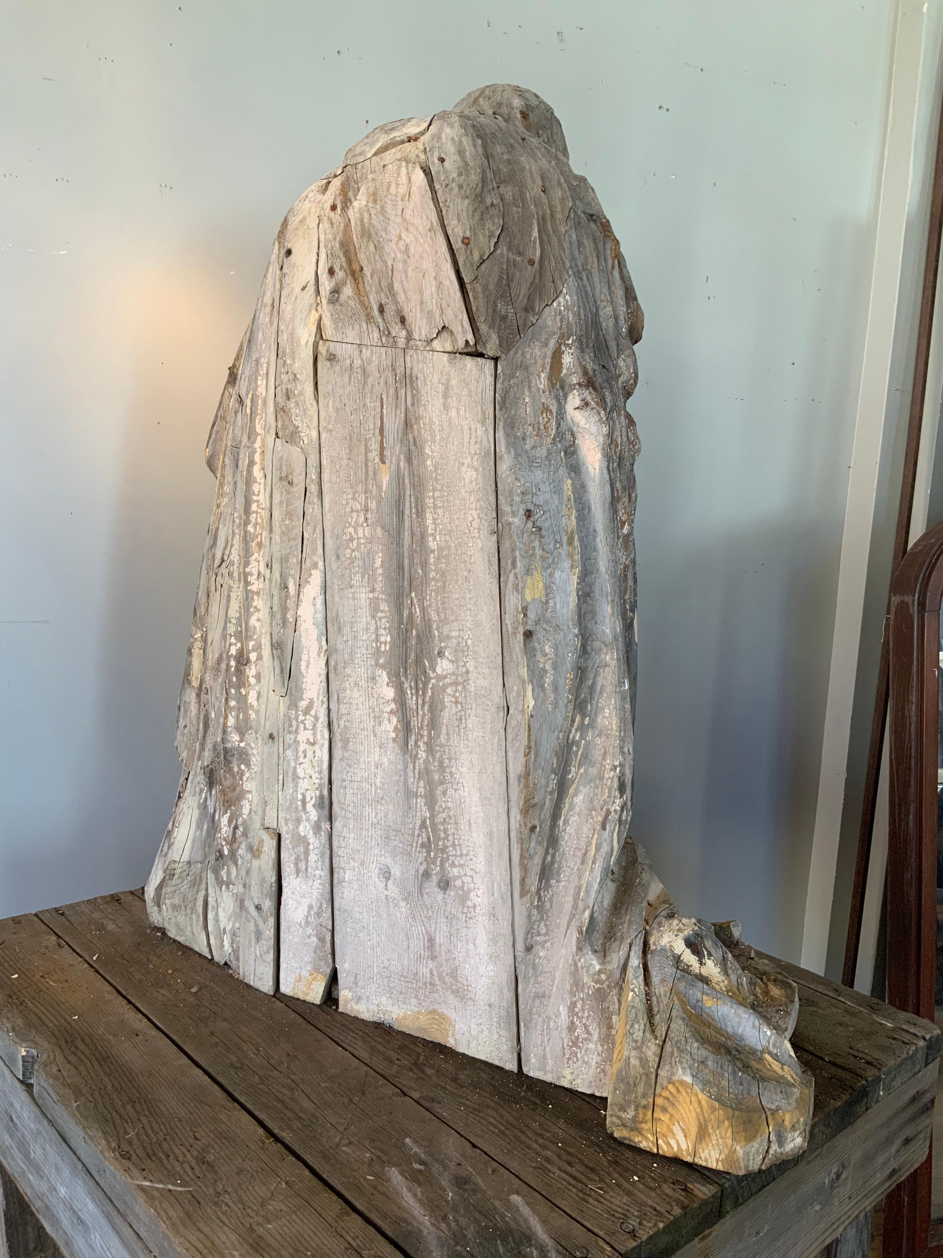 Antique 19th century Distressed Carved Wood Statue of a Saint 3