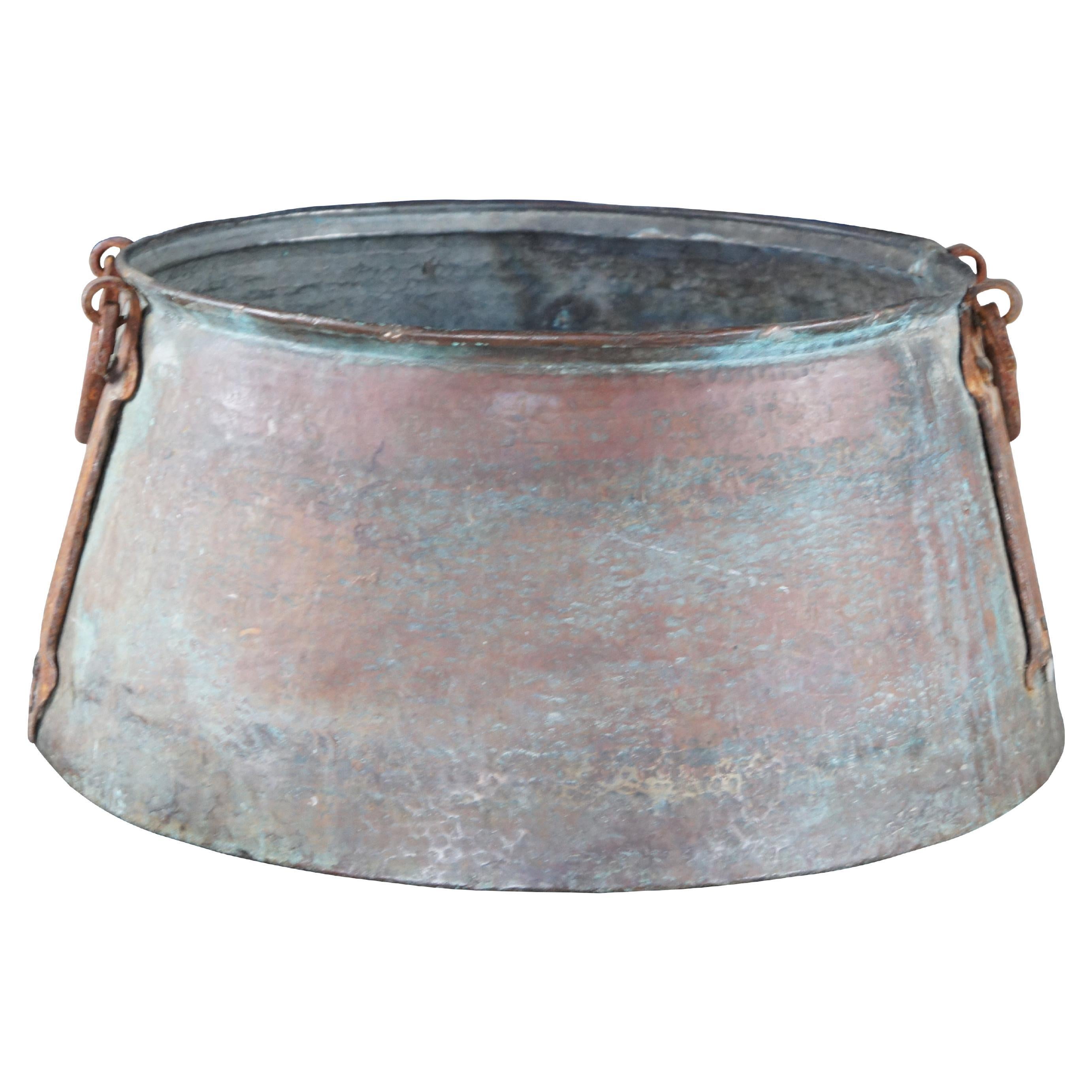 Antique 19th Century Dovetailed Copper Forged Iron Apple Butter Cauldron Pot 22" For Sale