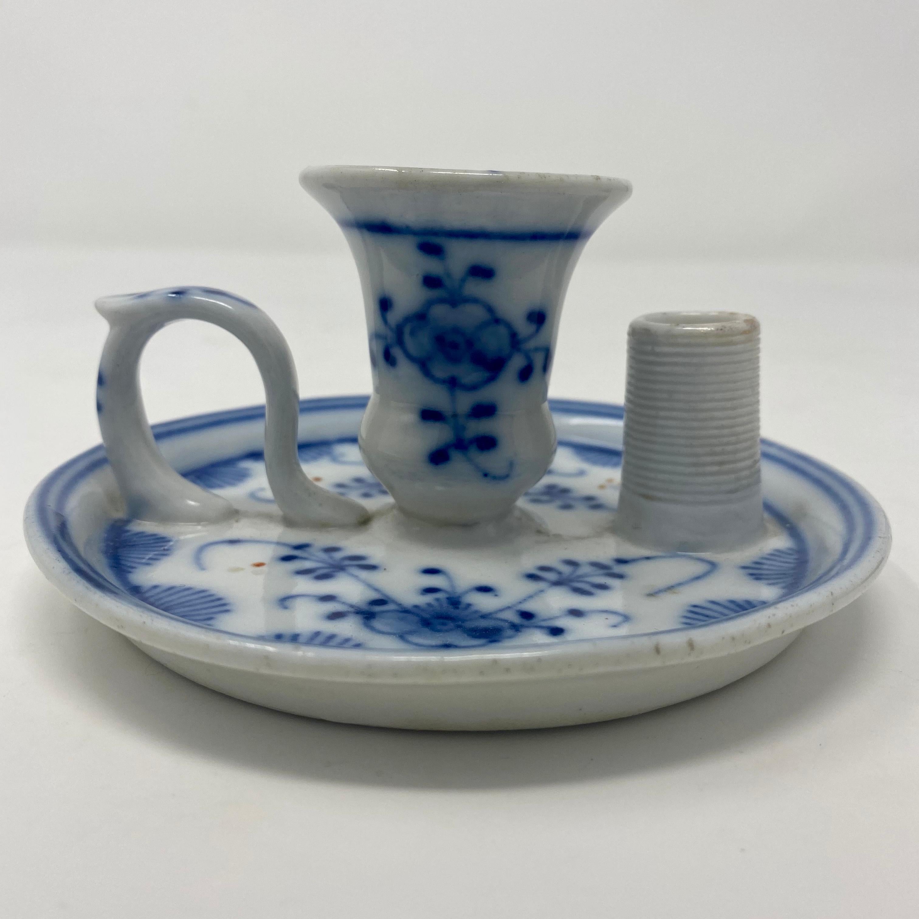 Antique 19th century Dresden blue and white porcelain chamber stick candleholder with match holder and striker.