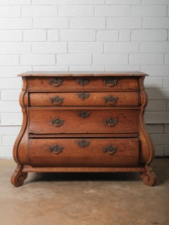 Antique 19th Century Dutch Bombe Oak Chest of Drawers With Ornate Brass Hardware