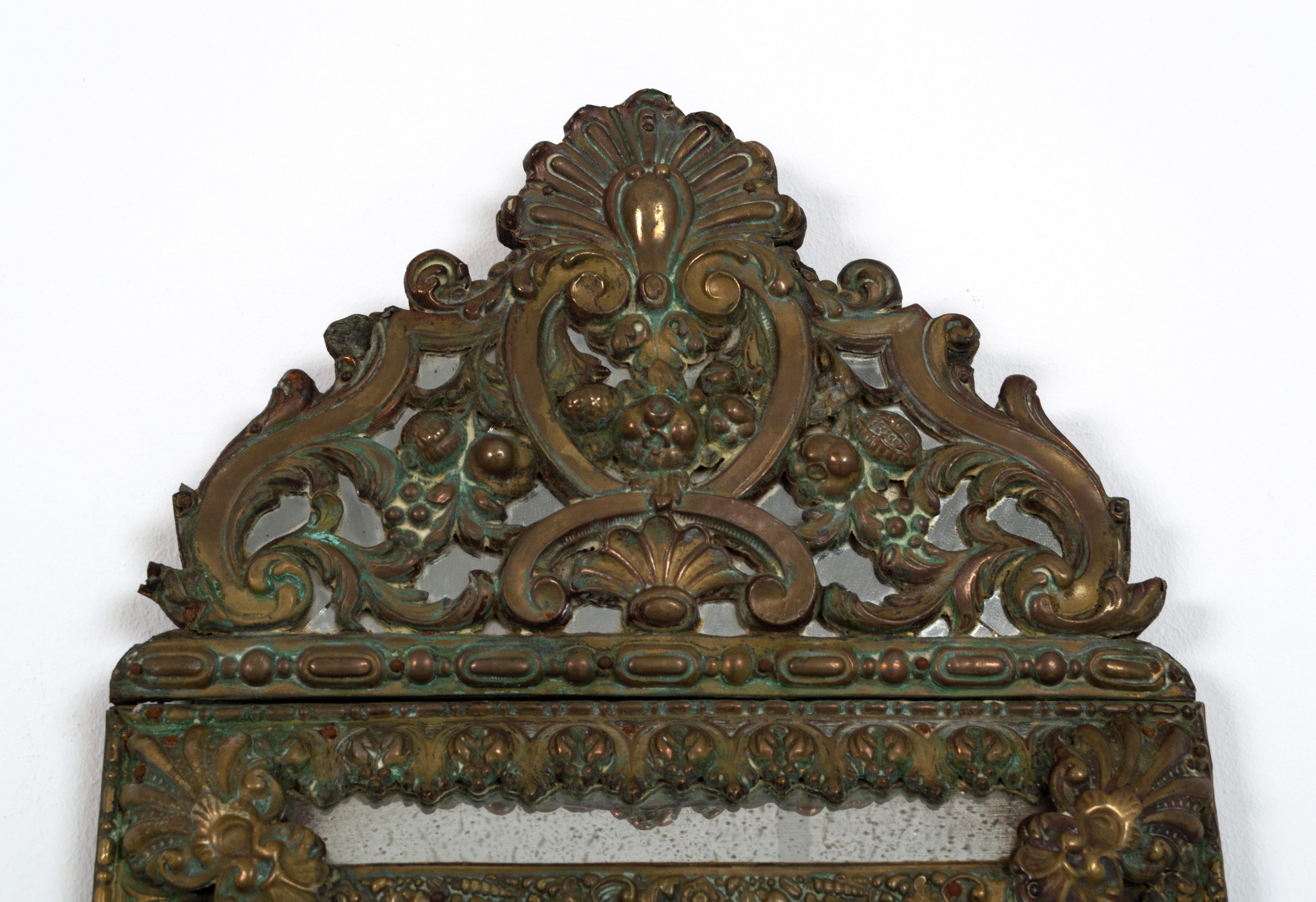 Baroque Antique 19th Century Dutch Brass Repousse Cushion Mirror, circa 1880 For Sale
