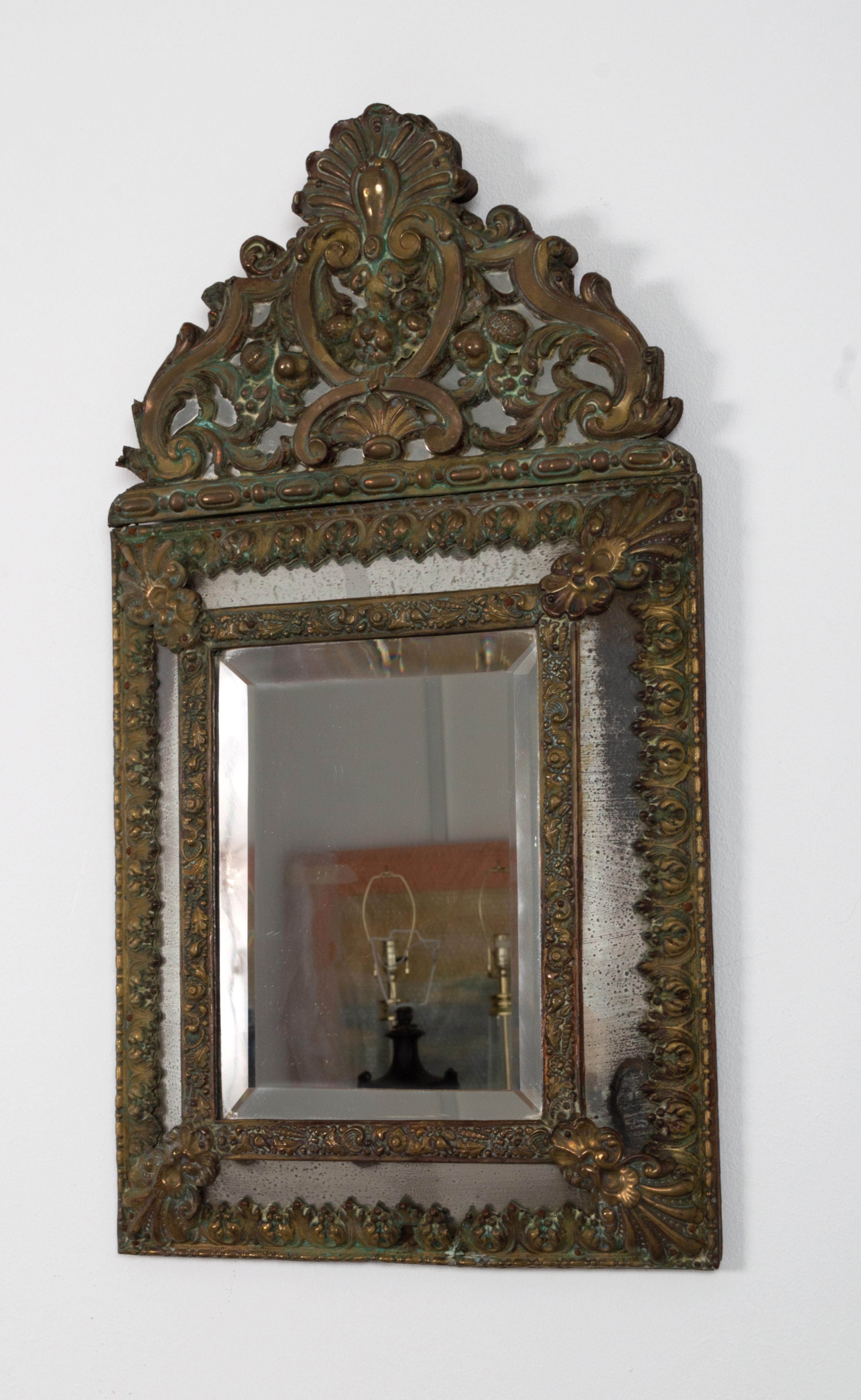 Repoussé Antique 19th Century Dutch Brass Repousse Cushion Mirror, circa 1880 For Sale