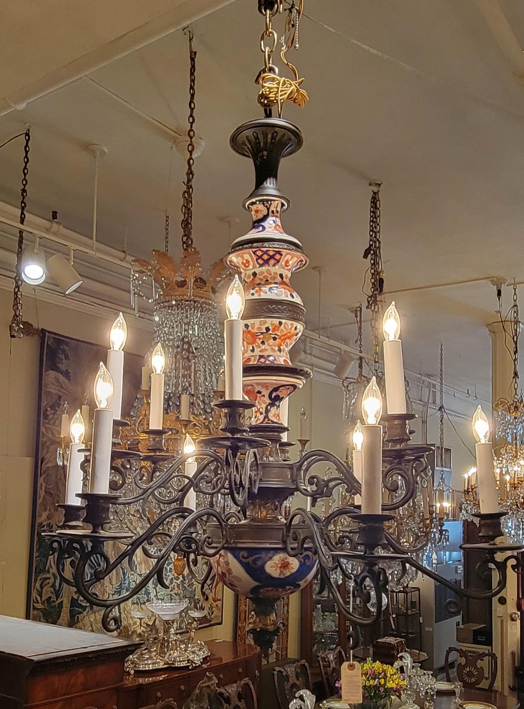 Antique 19th Century Dutch Chandelier with Imari Porcelain Stem For Sale 1