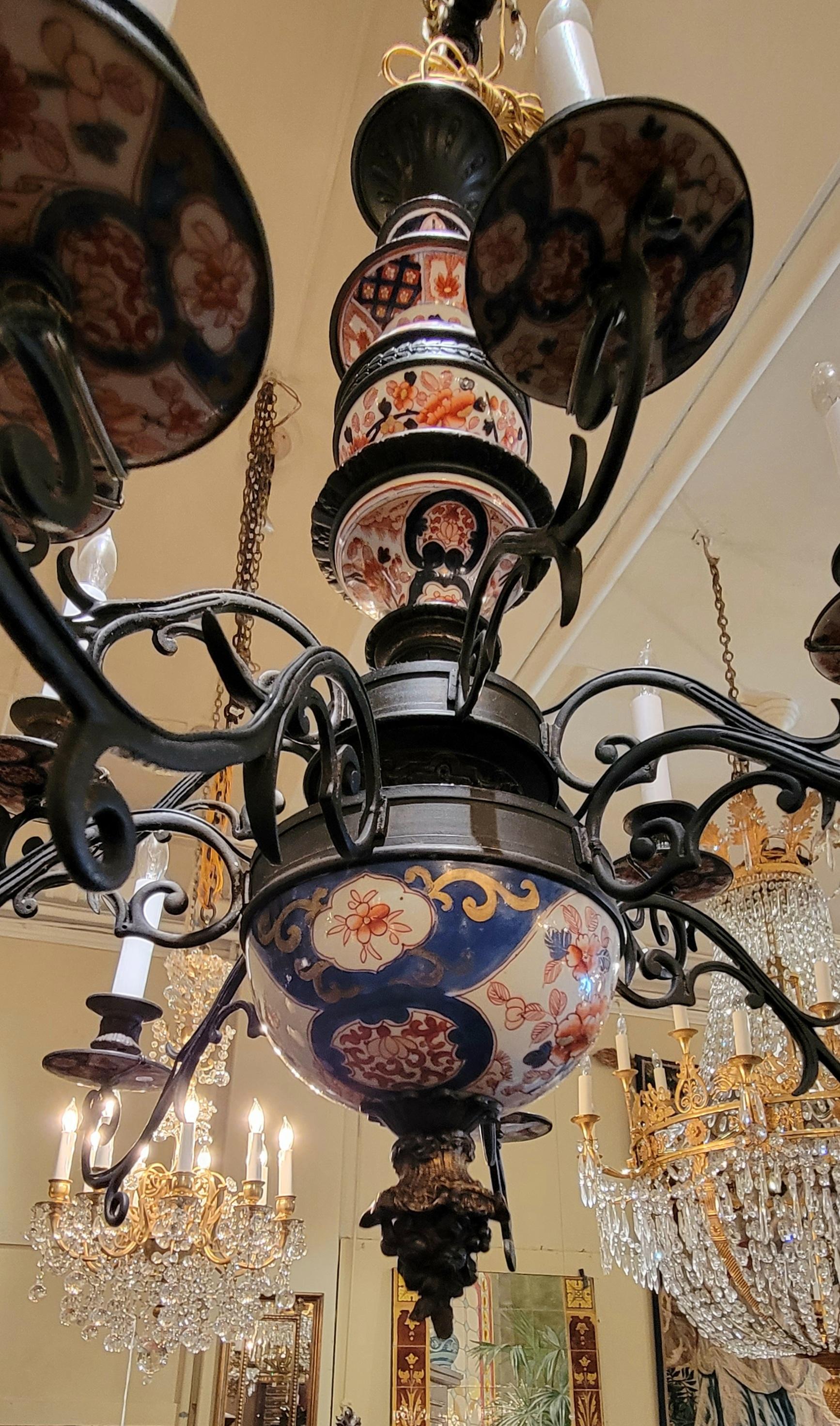 Antique 19th Century Dutch Chandelier with Imari Porcelain Stem For Sale 3