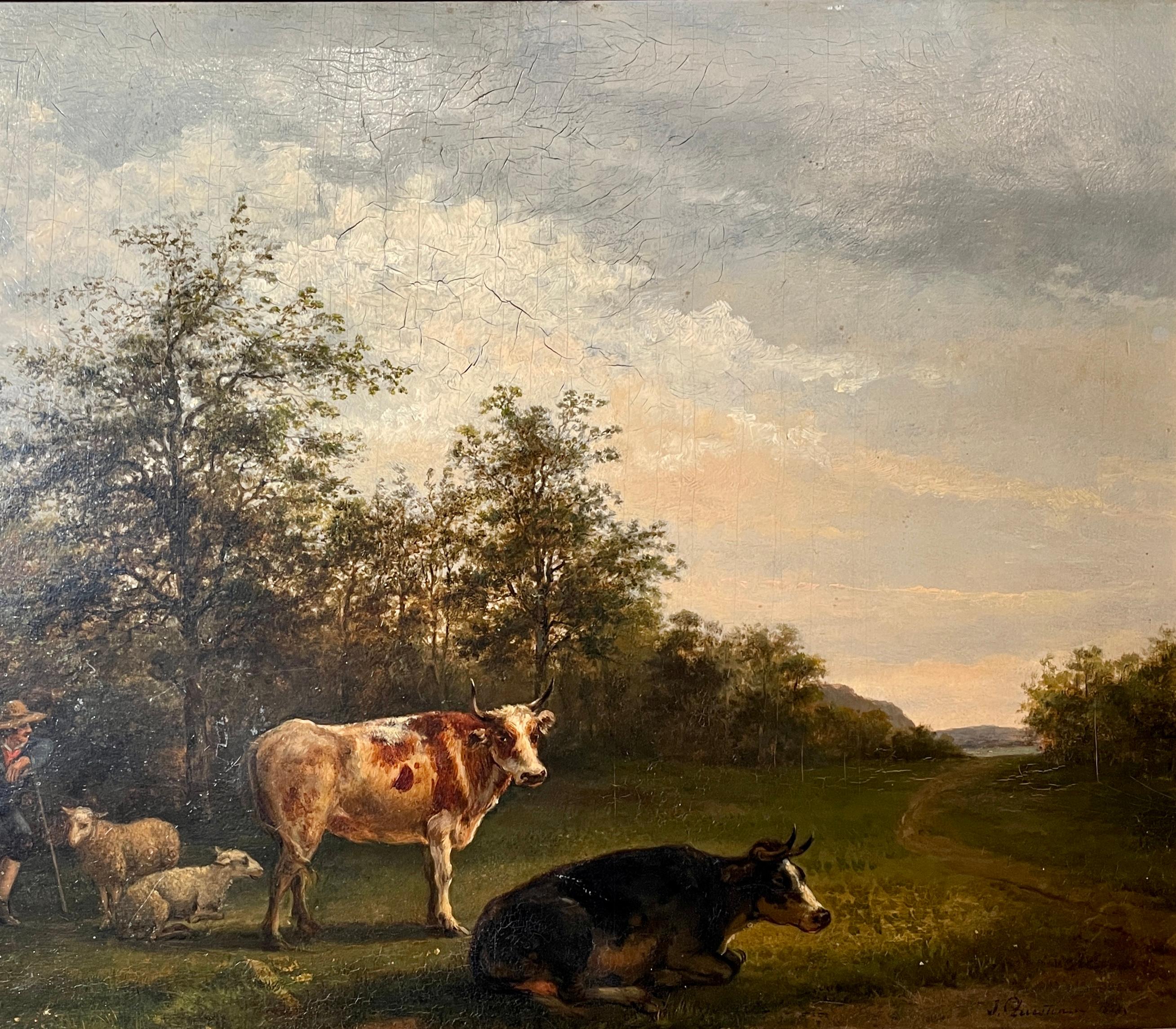 Antique 19th century Dutch Framed landscape oil on panel pastoral painting.
