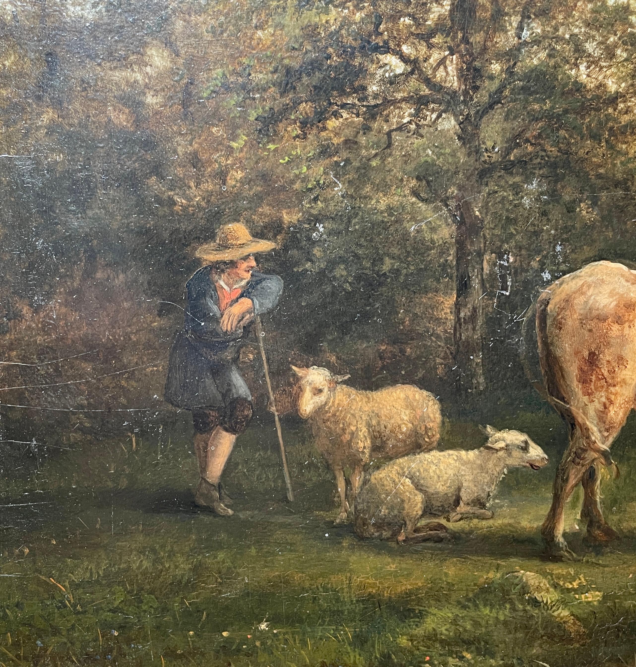 Antike niederländische gerahmte Landschaft, Öl auf Tafel, pastorales Gemälde, 19. Jahrhundert (Niederländisch) im Angebot