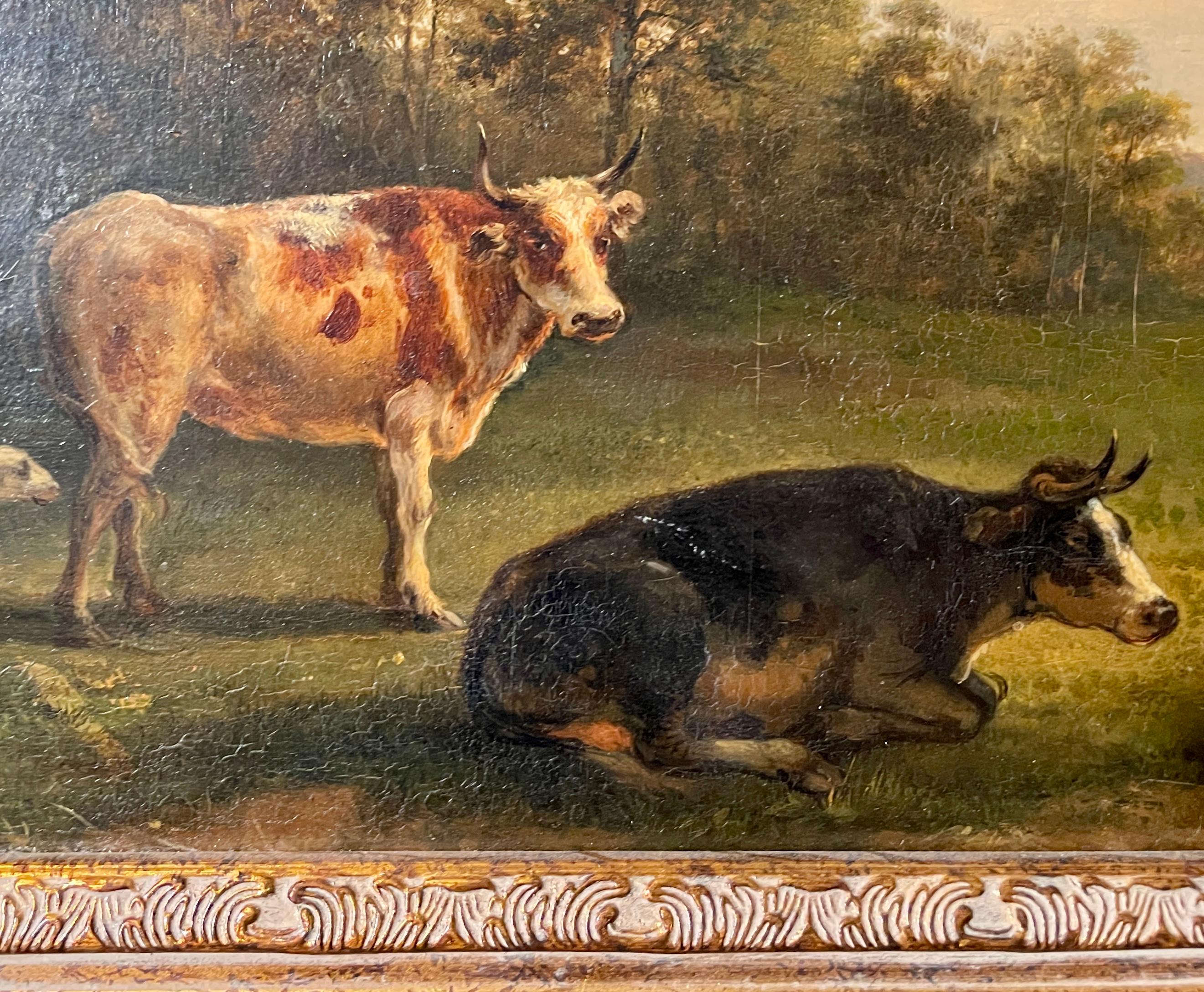 Antike niederländische gerahmte Landschaft, Öl auf Tafel, pastorales Gemälde, 19. Jahrhundert im Zustand „Gut“ im Angebot in New Orleans, LA