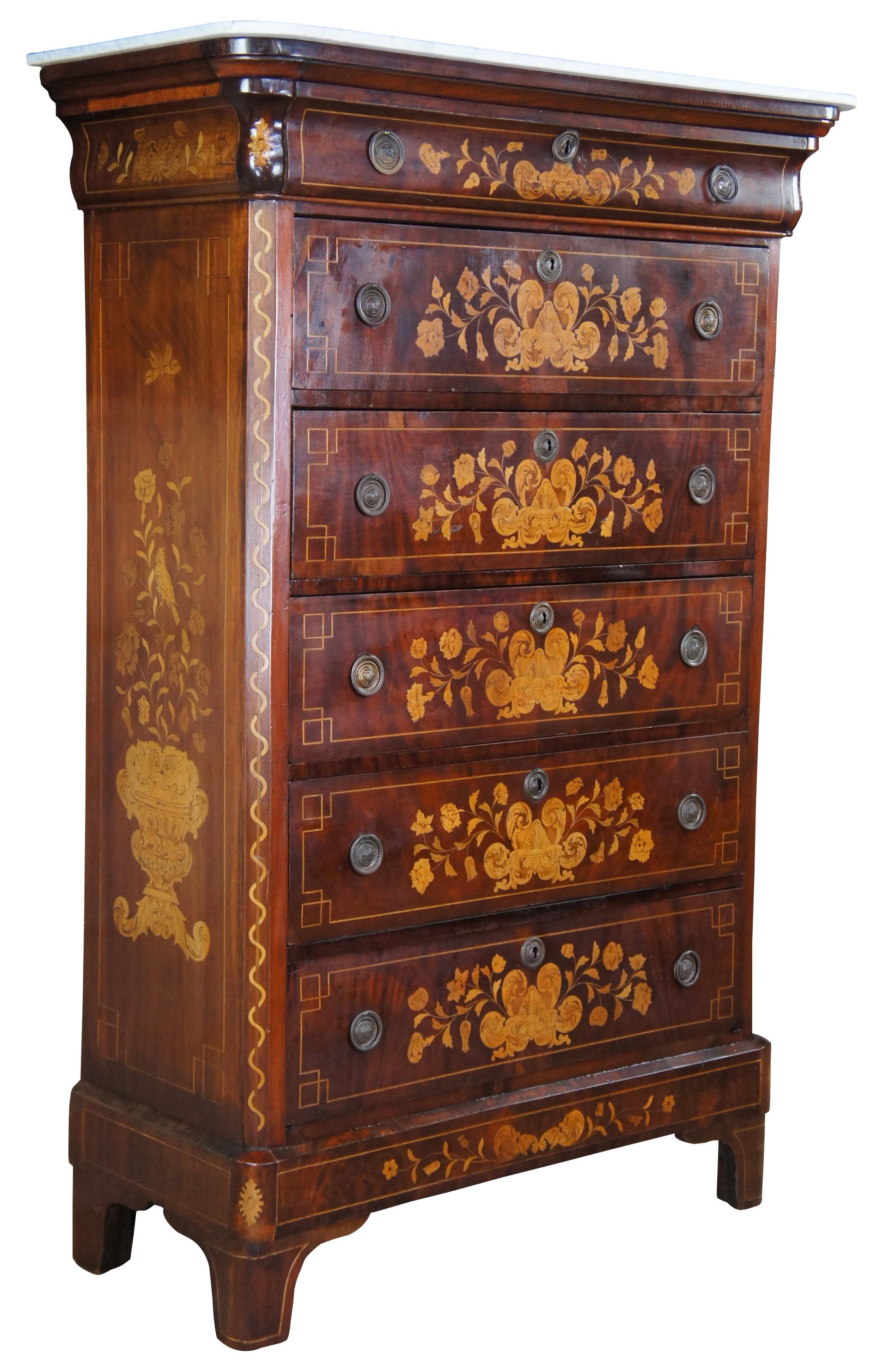 Antique Dutch Marquetry highoy chest of drawers, circa 1820s. Made of fruitwood veneers and mahogany with flame mahogany drawer fronts. Features highly detailed inlays of floral, ribboned and geometric accents. Brass drawer hardware and a white