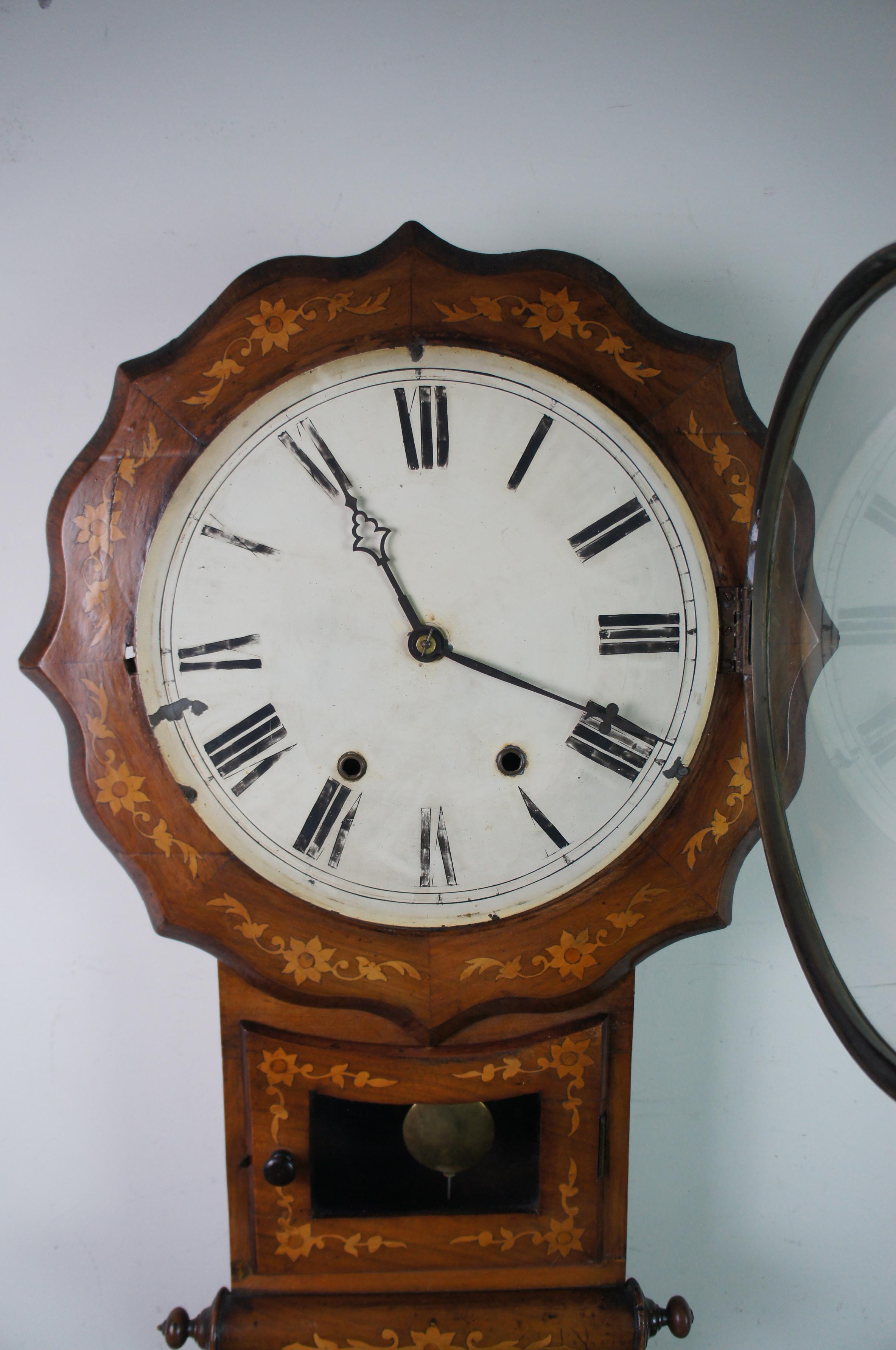 American Classical Antique 19th Century Dutch Marquetry Scrolled Floral Inlaid Walnut Wall Clock