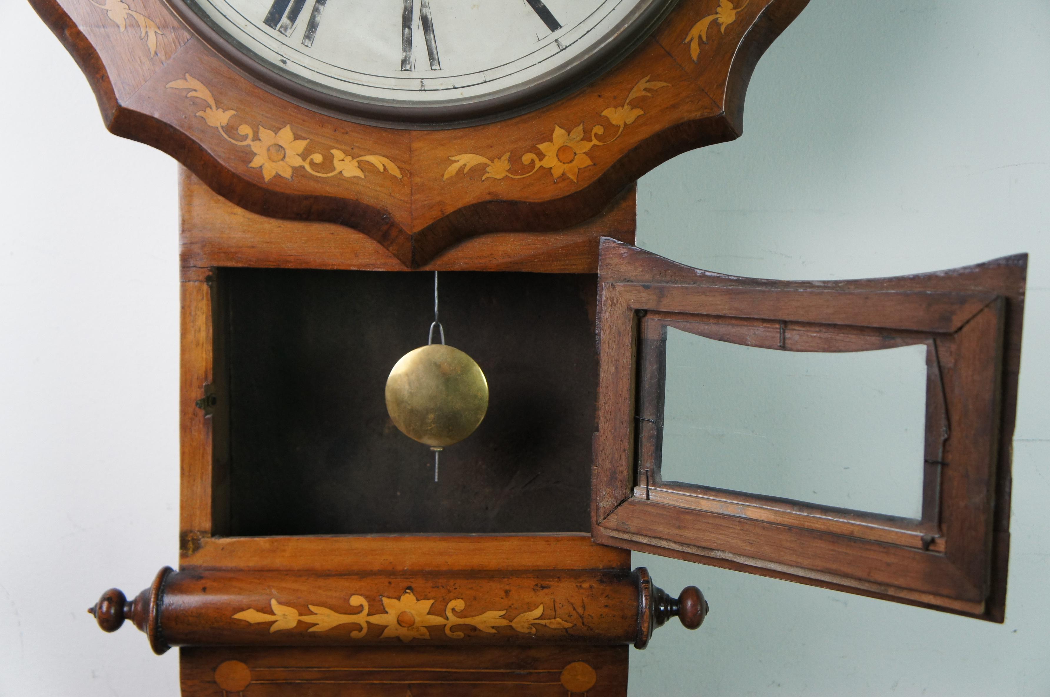 Fruitwood Antique 19th Century Dutch Marquetry Scrolled Floral Inlaid Walnut Wall Clock