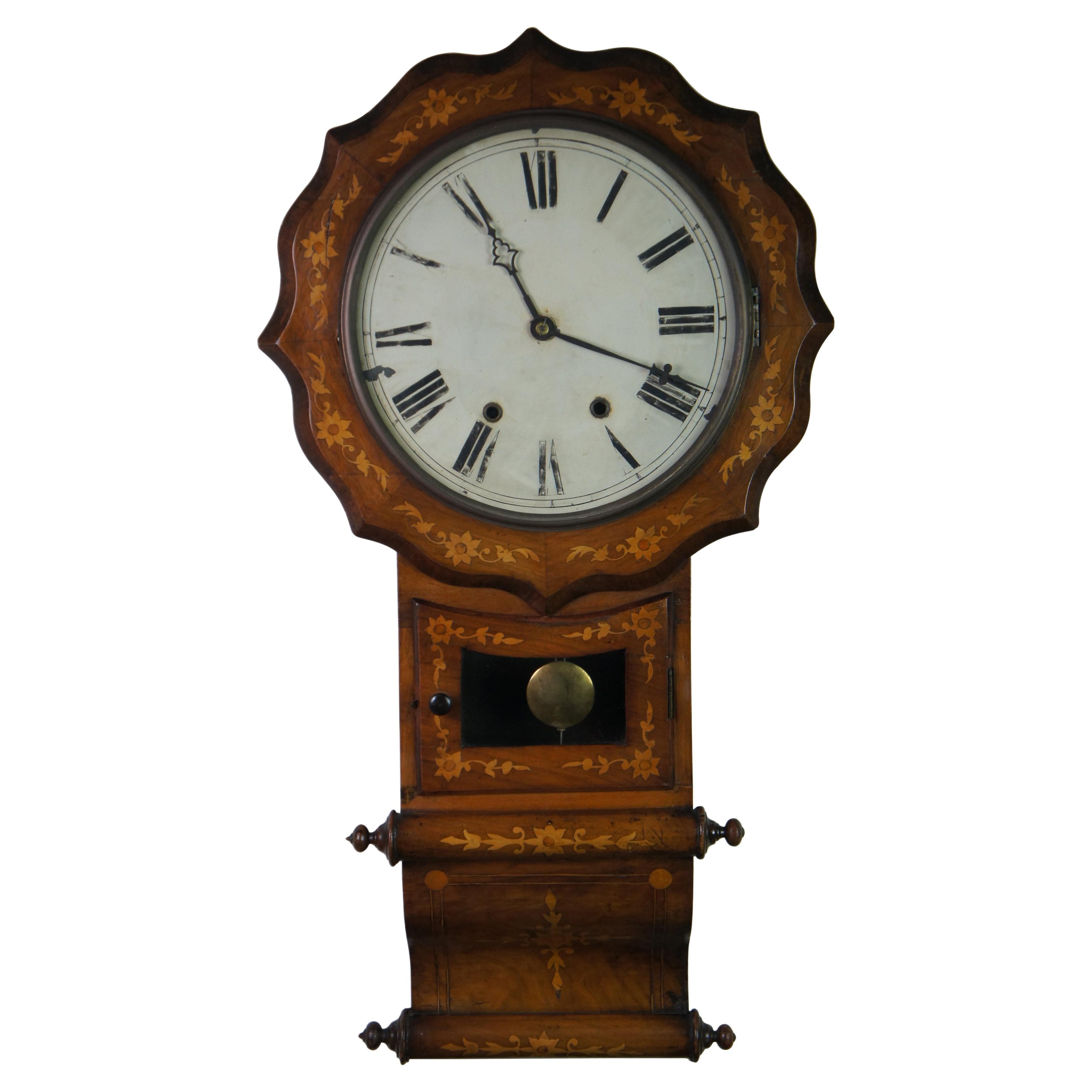 Antique 19th Century Dutch Marquetry Scrolled Floral Inlaid Walnut Wall Clock