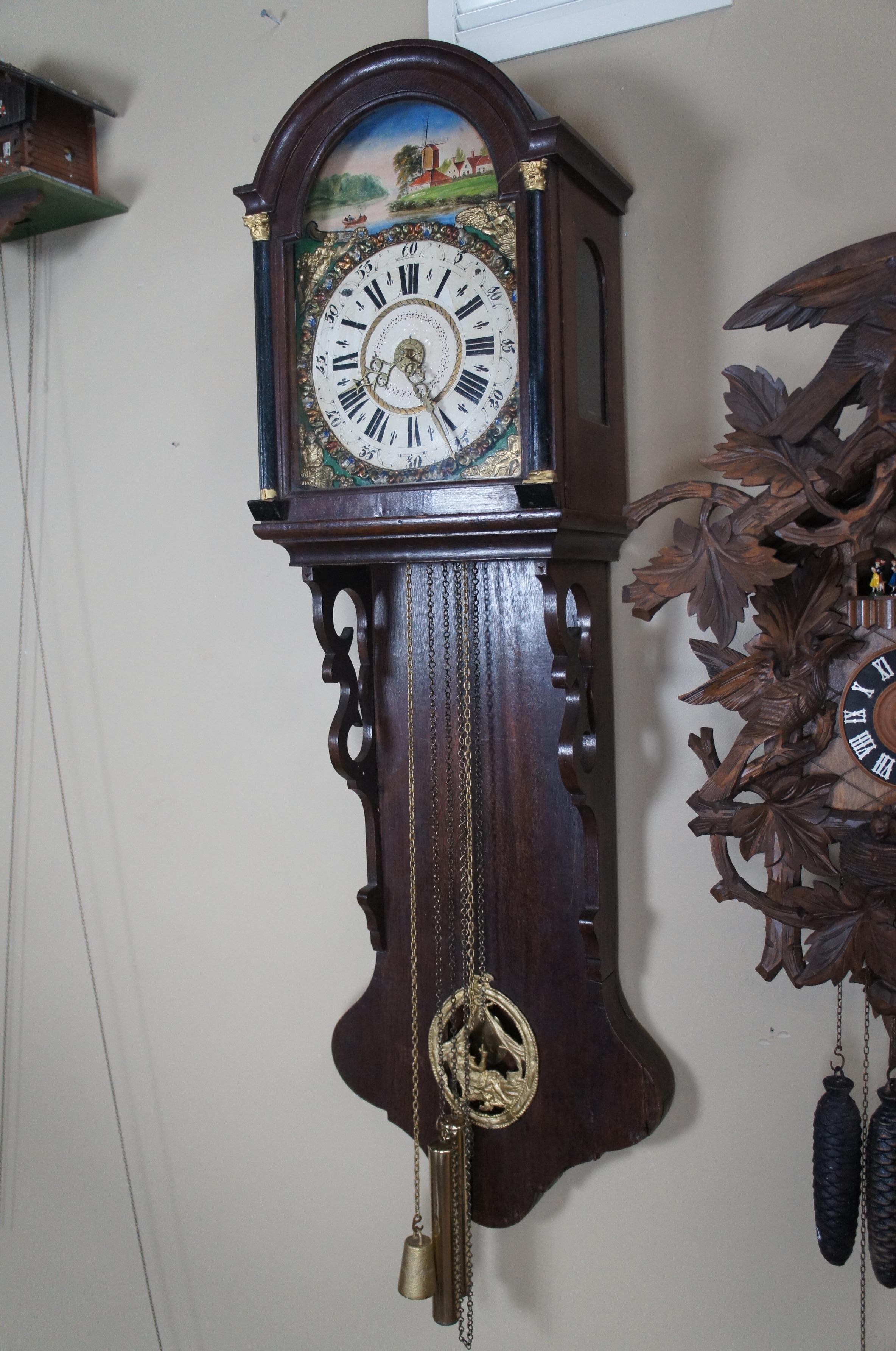 Antique 19th Century Dutch Oak Hand Painted Frisian Tail Staart Wall Clock In Good Condition In Dayton, OH