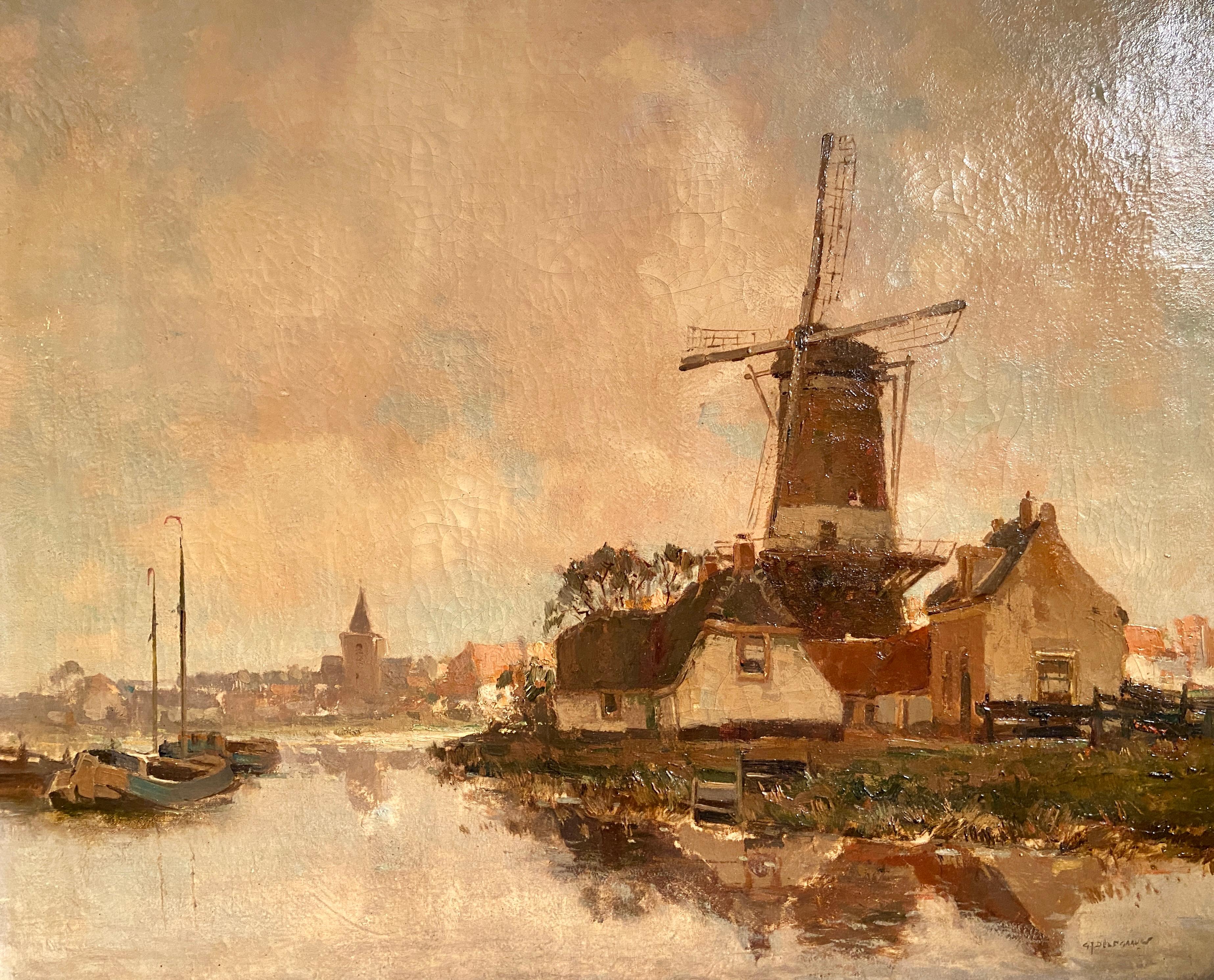 Antique 19th century Dutch oil painting of windmill signed 