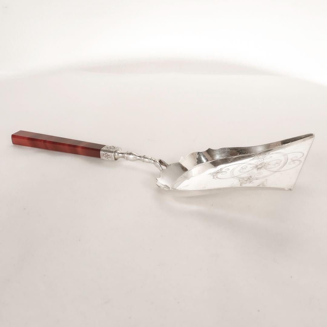 Single Cut Antique 19th Century Dutch Silver & Banded Agate Pastry Server or Shovel For Sale