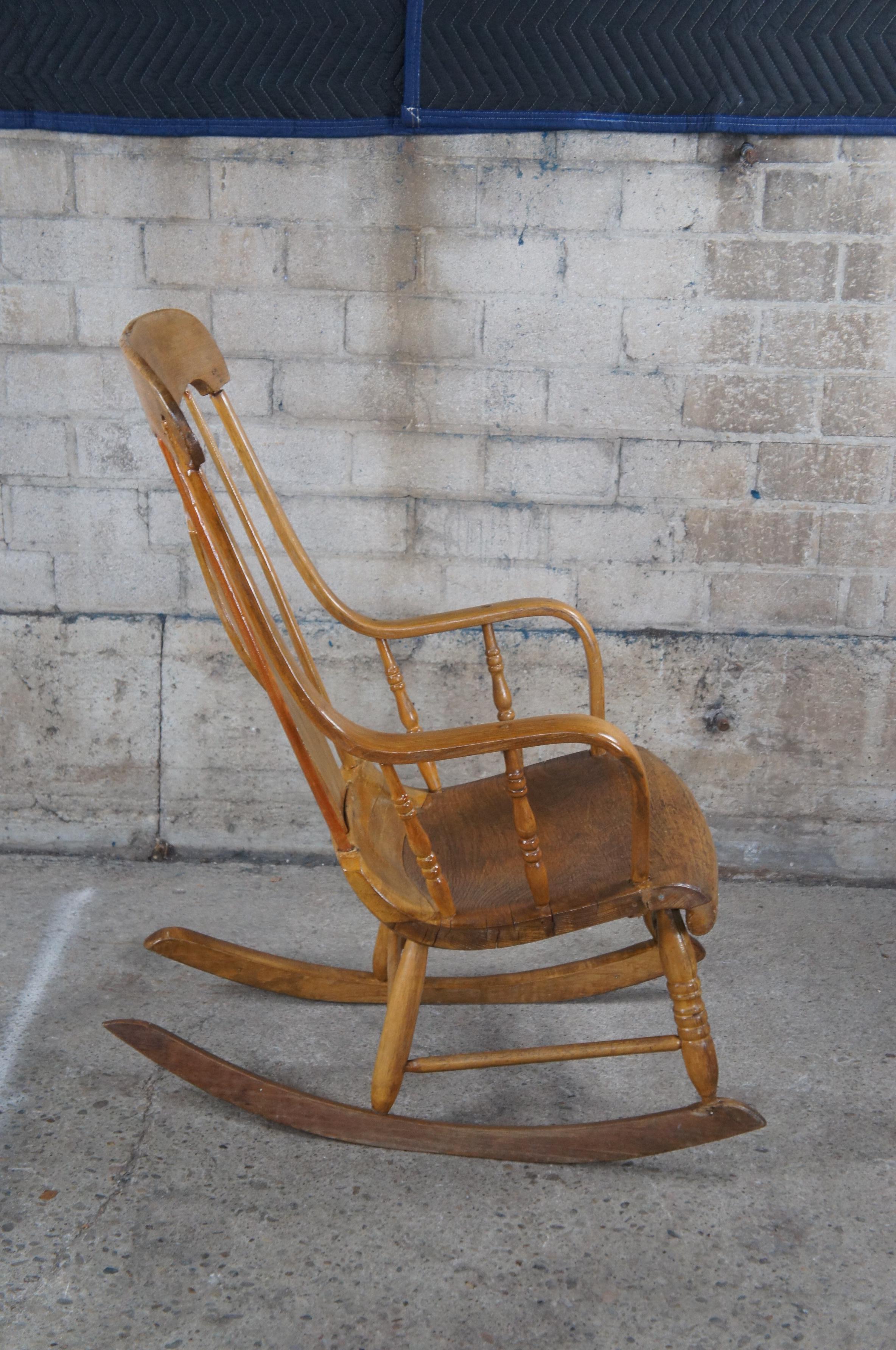 American Classical Antique 19th Century Early American Farmhouse Oak Bentwood Rocking Arm Chair 