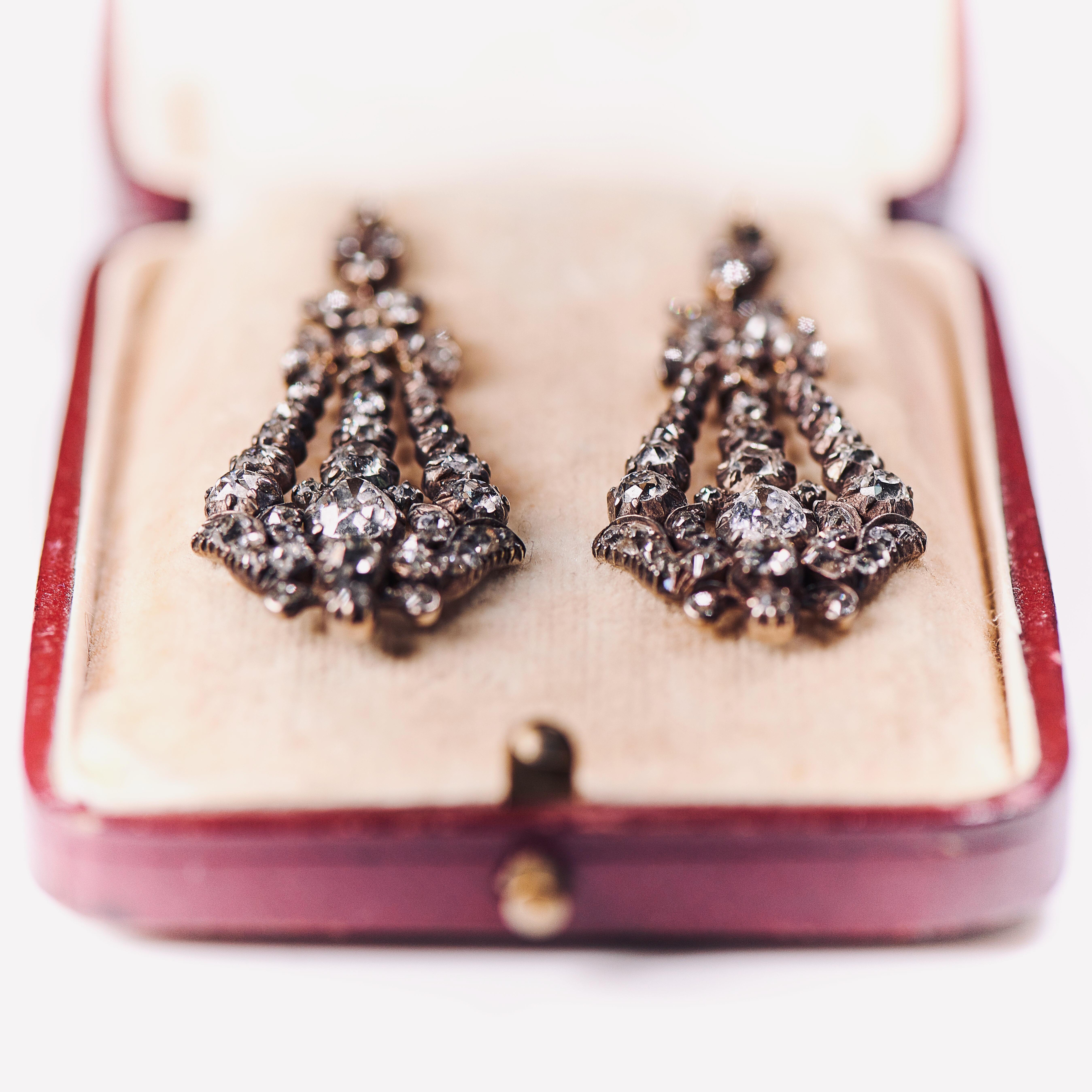 Old Mine Cut Antique, 19th Century, Early Victorian, Large Diamond Drop Earrings