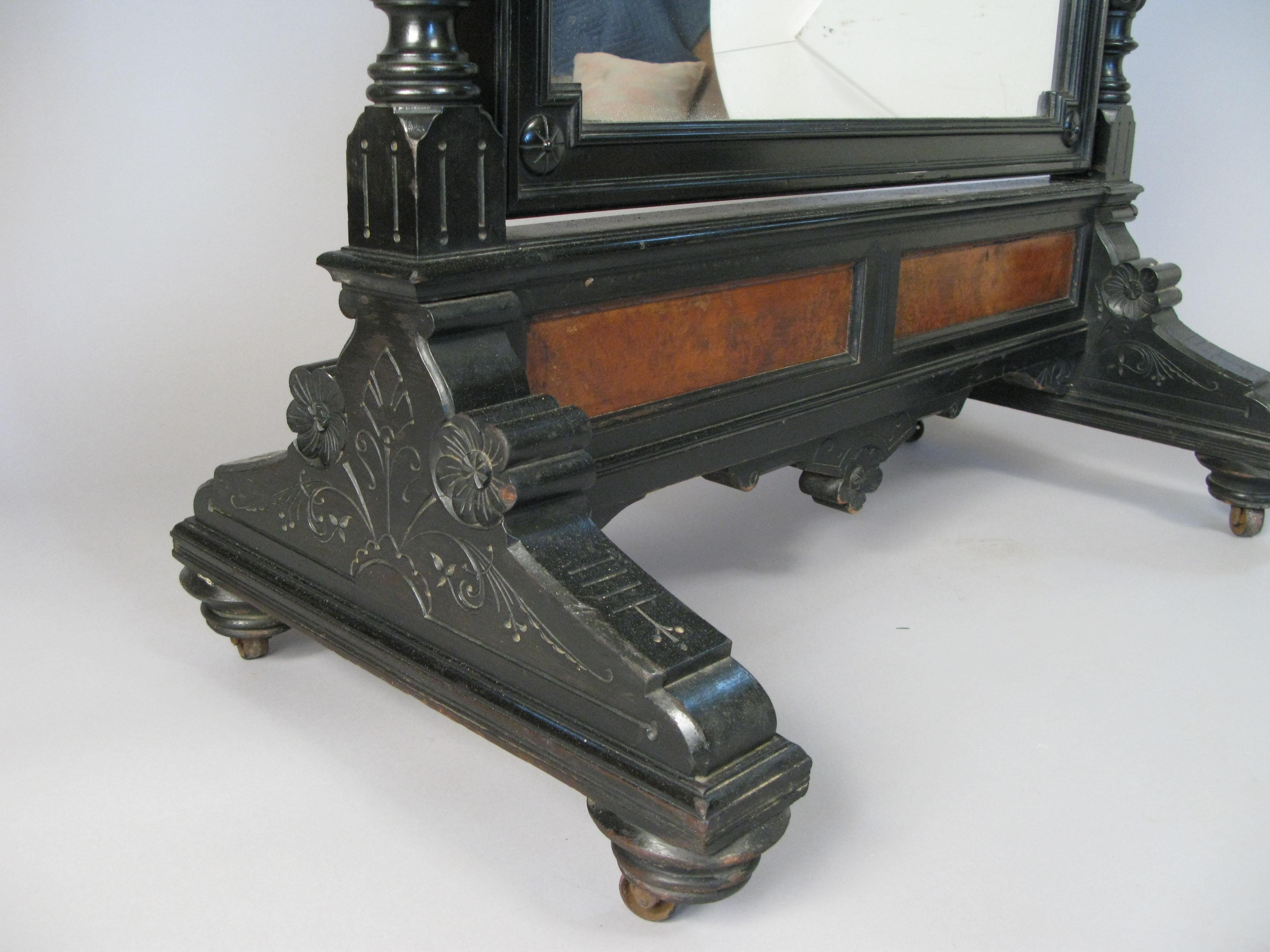 Antique 19th Century Ebonized and Burled Cheval Mirror 1