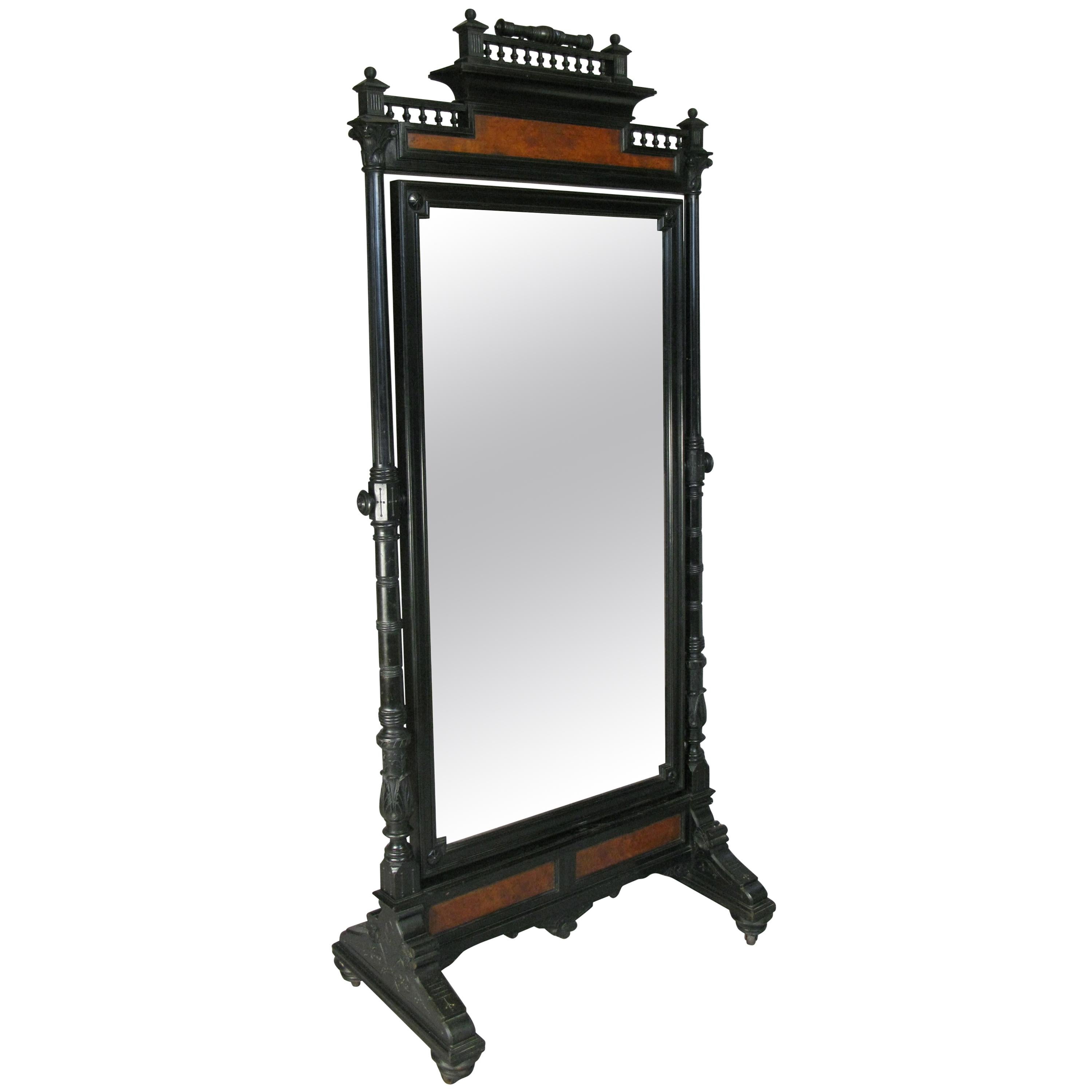 Antique 19th Century Ebonized and Burled Cheval Mirror