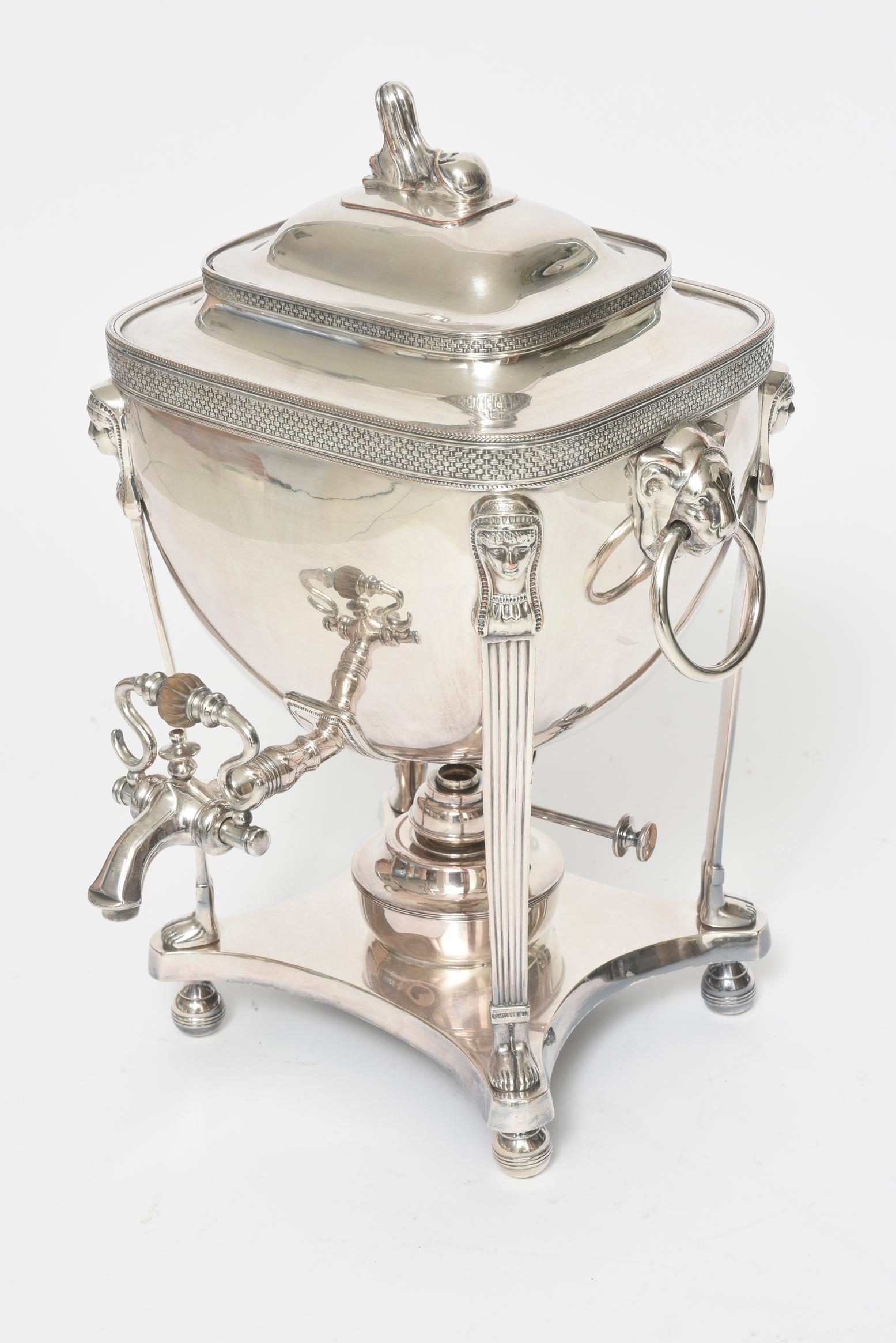 Antique 19th Century Egyptian Revival Sphinx Silver Plate Coffee Hot Water Urn In Good Condition In Miami Beach, FL