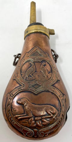 Antique 19th Century Embossed Copper and Brass Gun Powder Flask
