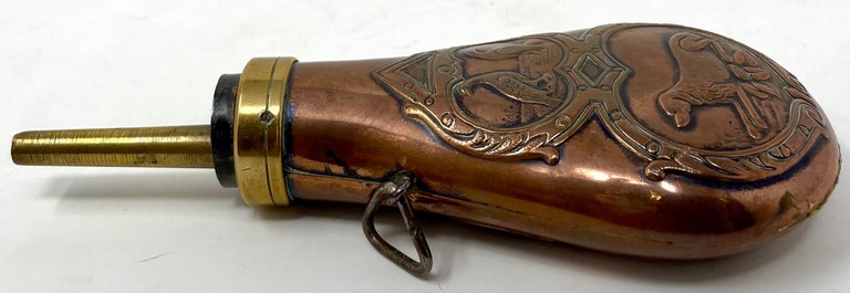 Antique 19th Century Embossed Copper and Brass Gun Powder Flask