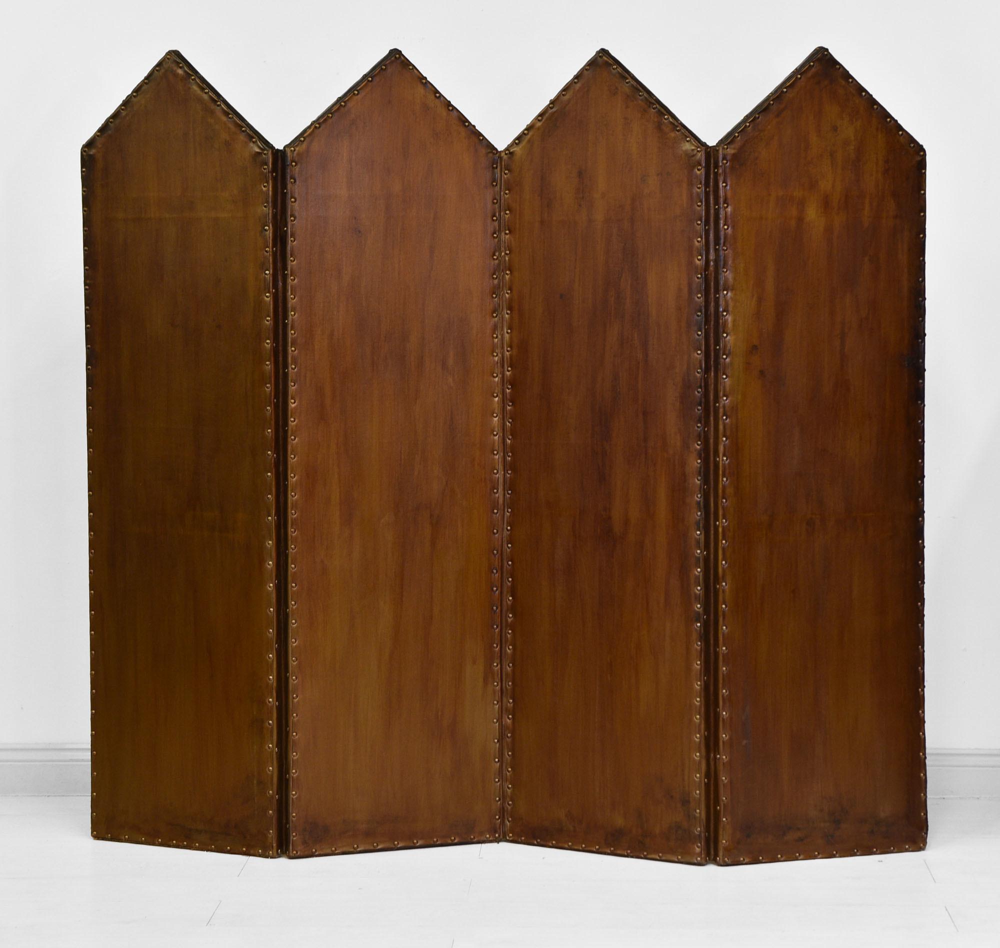 Victorian Antique 19th Century Embossed Leather & Faux Leather Four Fold Screen For Sale