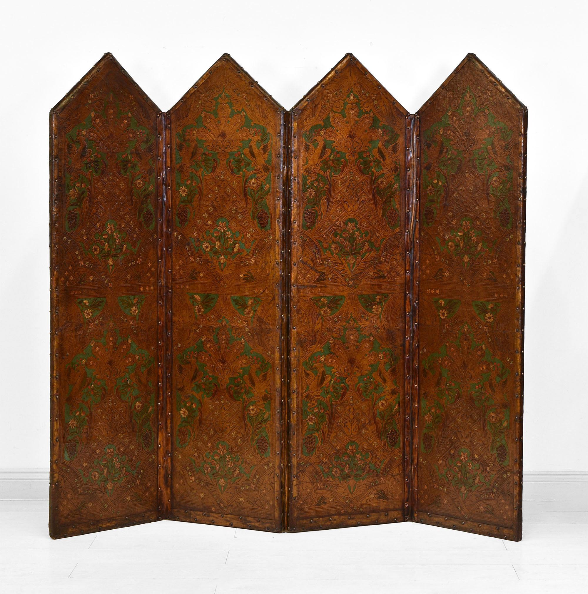 European Antique 19th Century Embossed Leather & Faux Leather Four Fold Screen For Sale