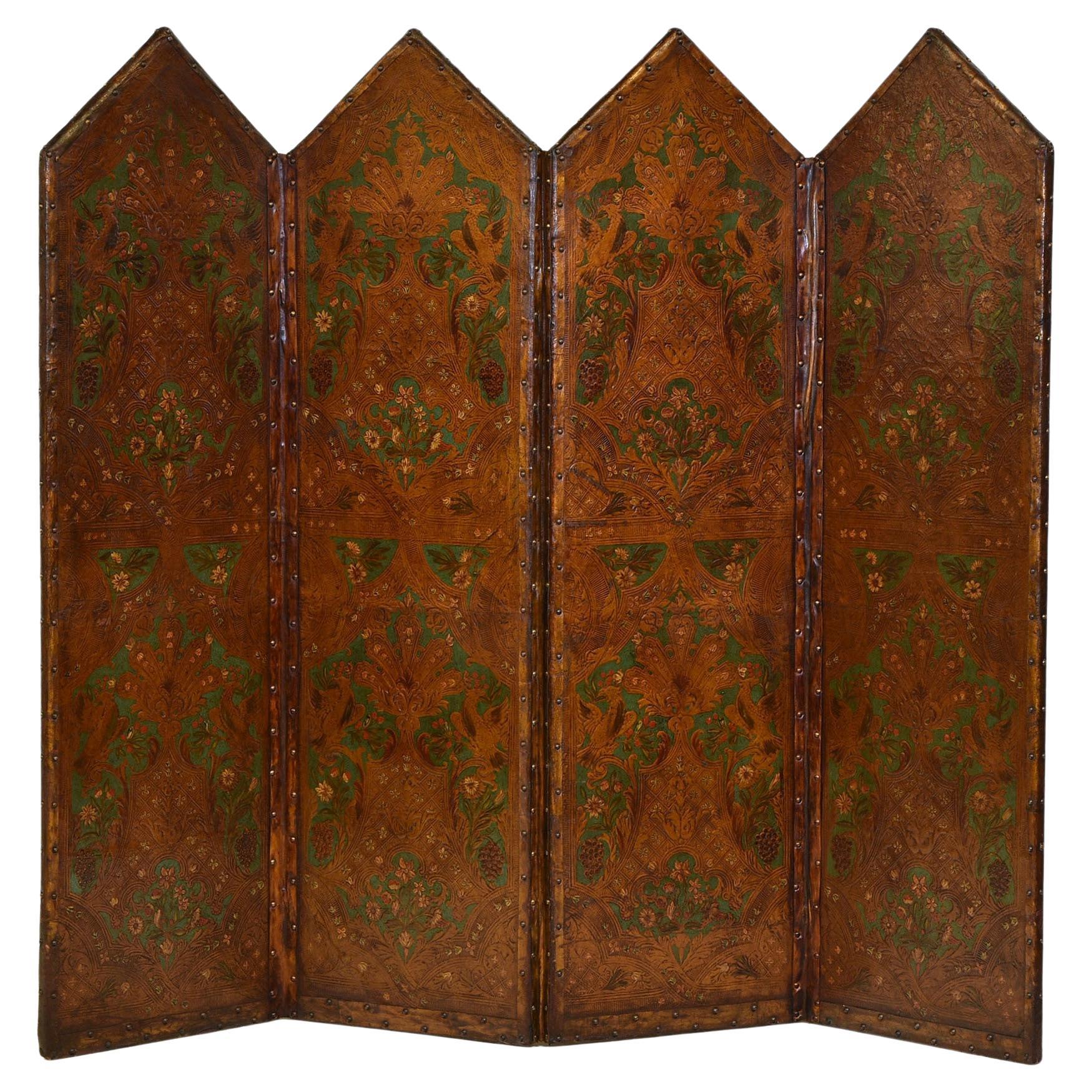 Antique 19th Century Embossed Leather & Faux Leather Four Fold Screen For Sale
