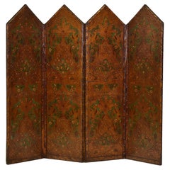 Antique 19th Century Embossed Leather & Faux Leather Four Fold Screen