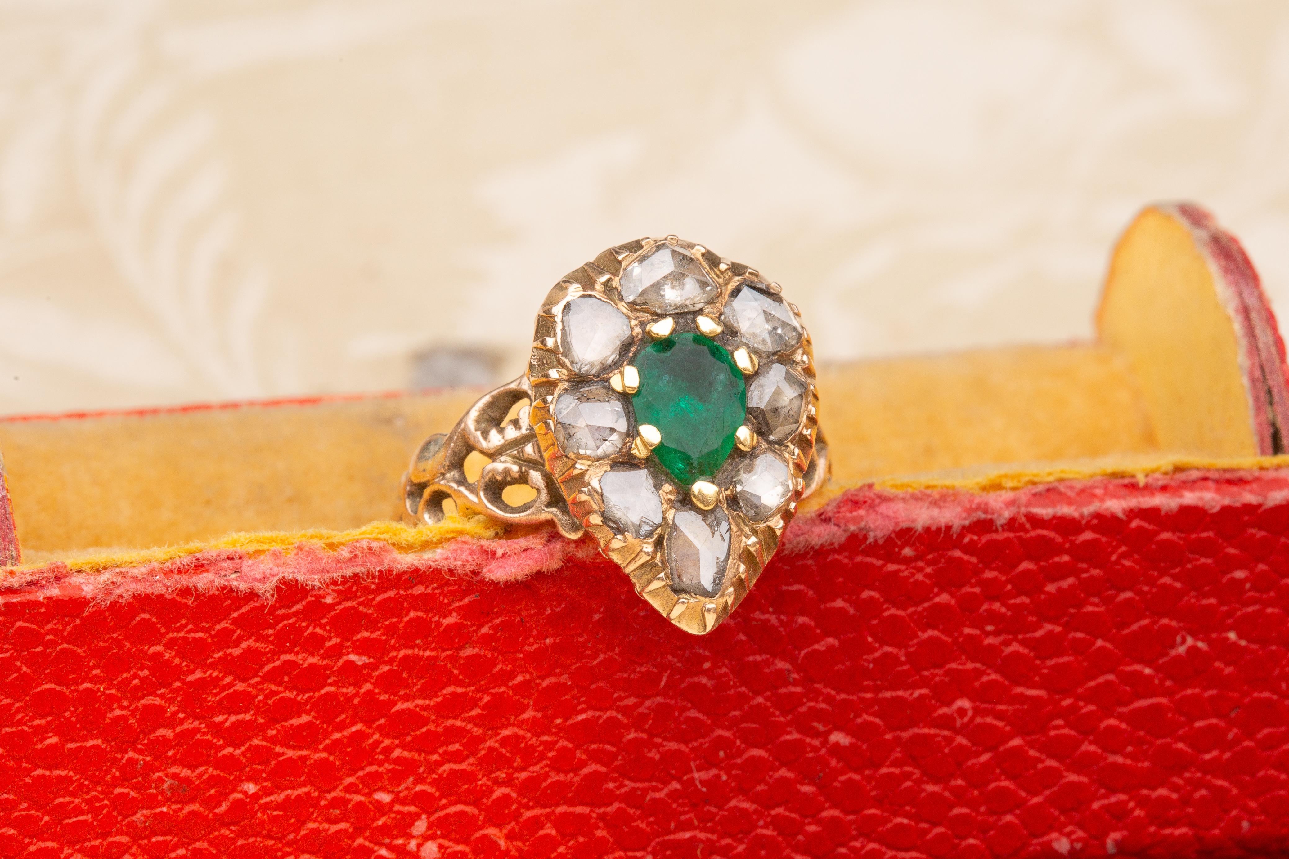 Antique 19th Century Emerald and Diamond Ring Pear Shaped Heart Ring Rose Cut For Sale 5