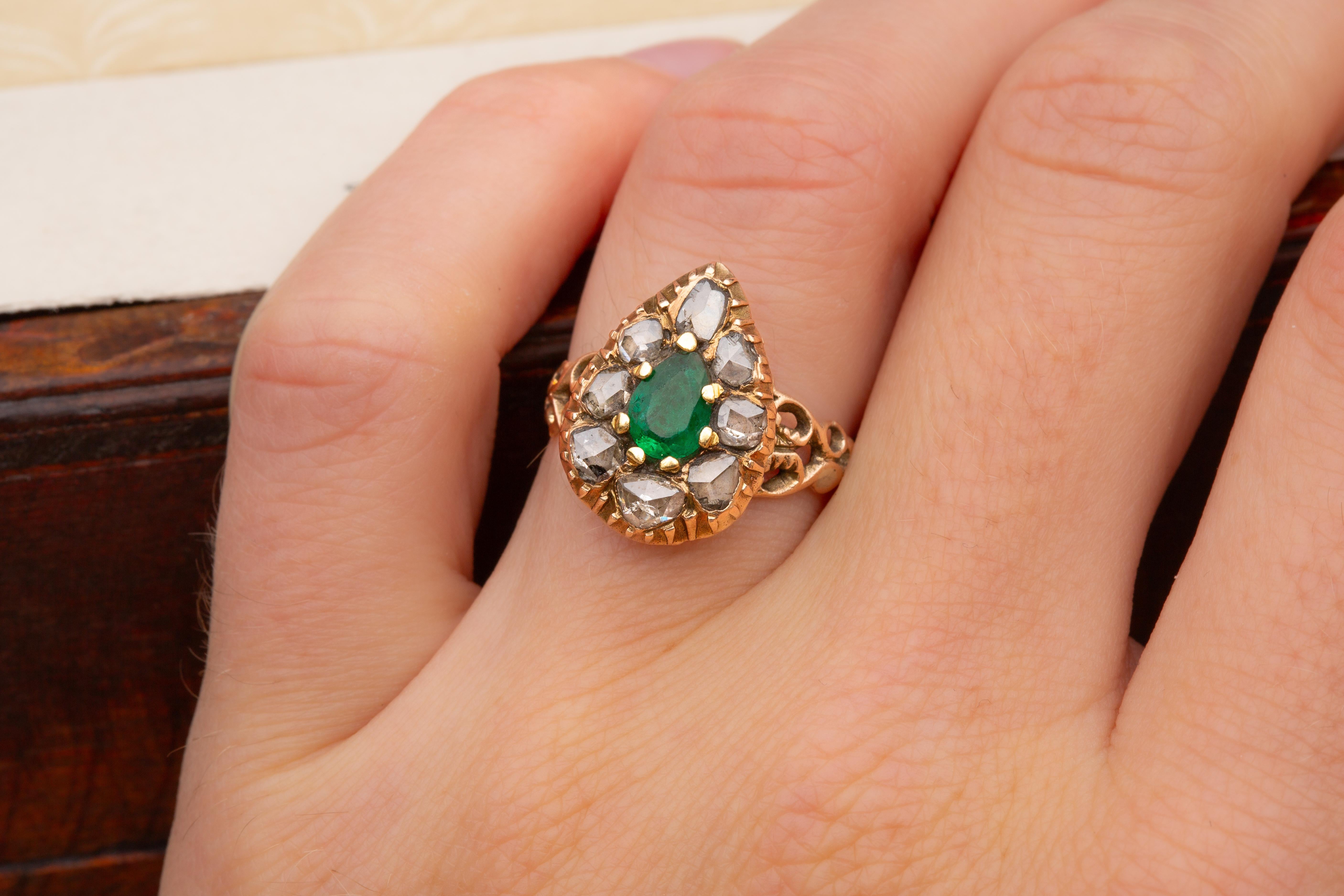Antique 19th Century Emerald and Diamond Ring Pear Shaped Heart Ring Rose Cut For Sale 6