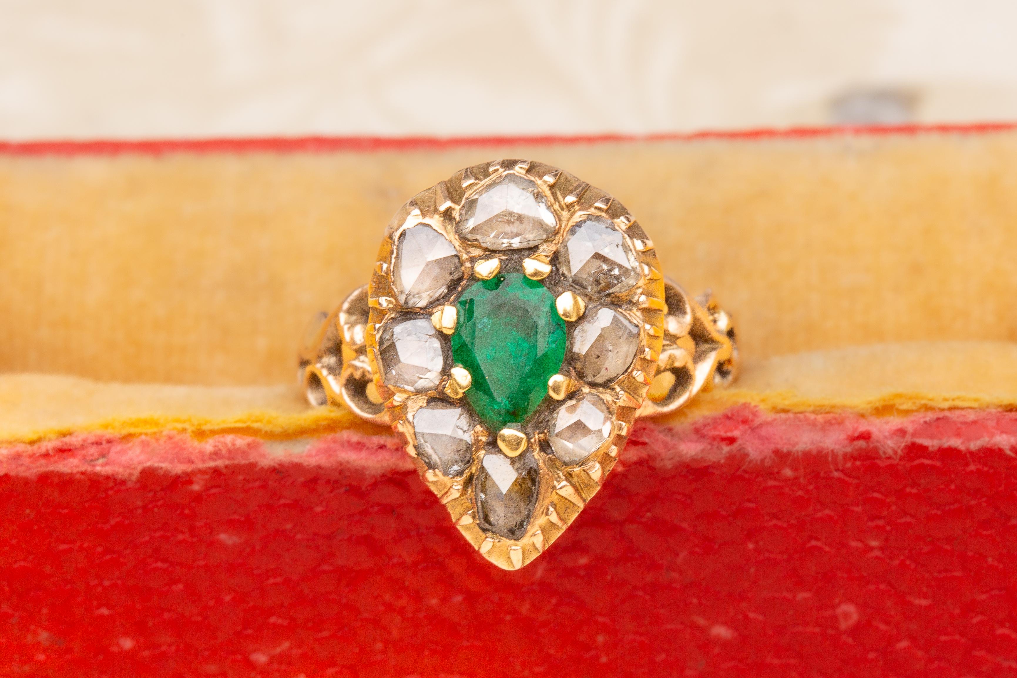 Georgian Antique 19th Century Emerald and Diamond Ring Pear Shaped Heart Ring Rose Cut For Sale