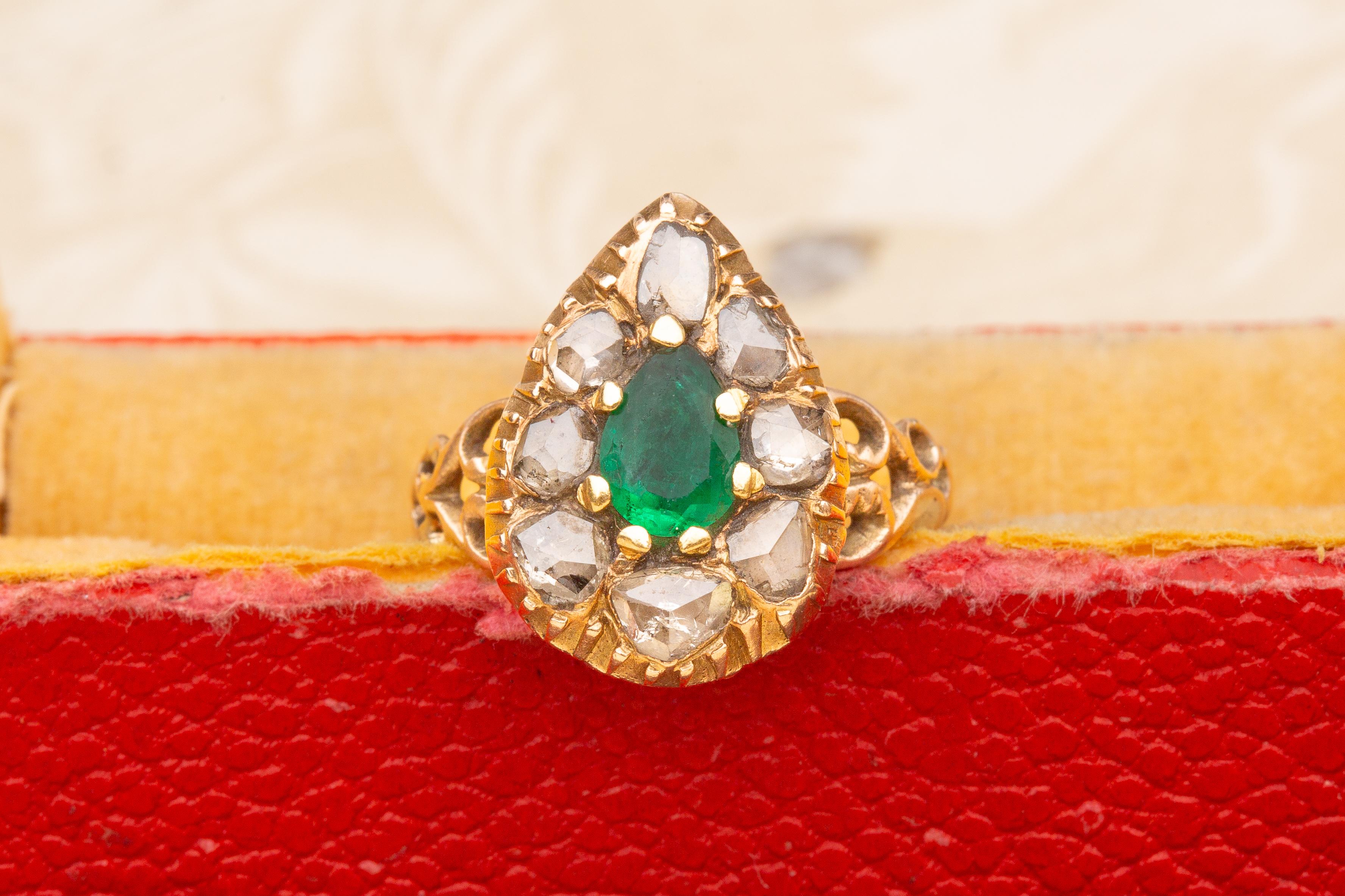 Antique 19th Century Emerald and Diamond Ring Pear Shaped Heart Ring Rose Cut For Sale 2