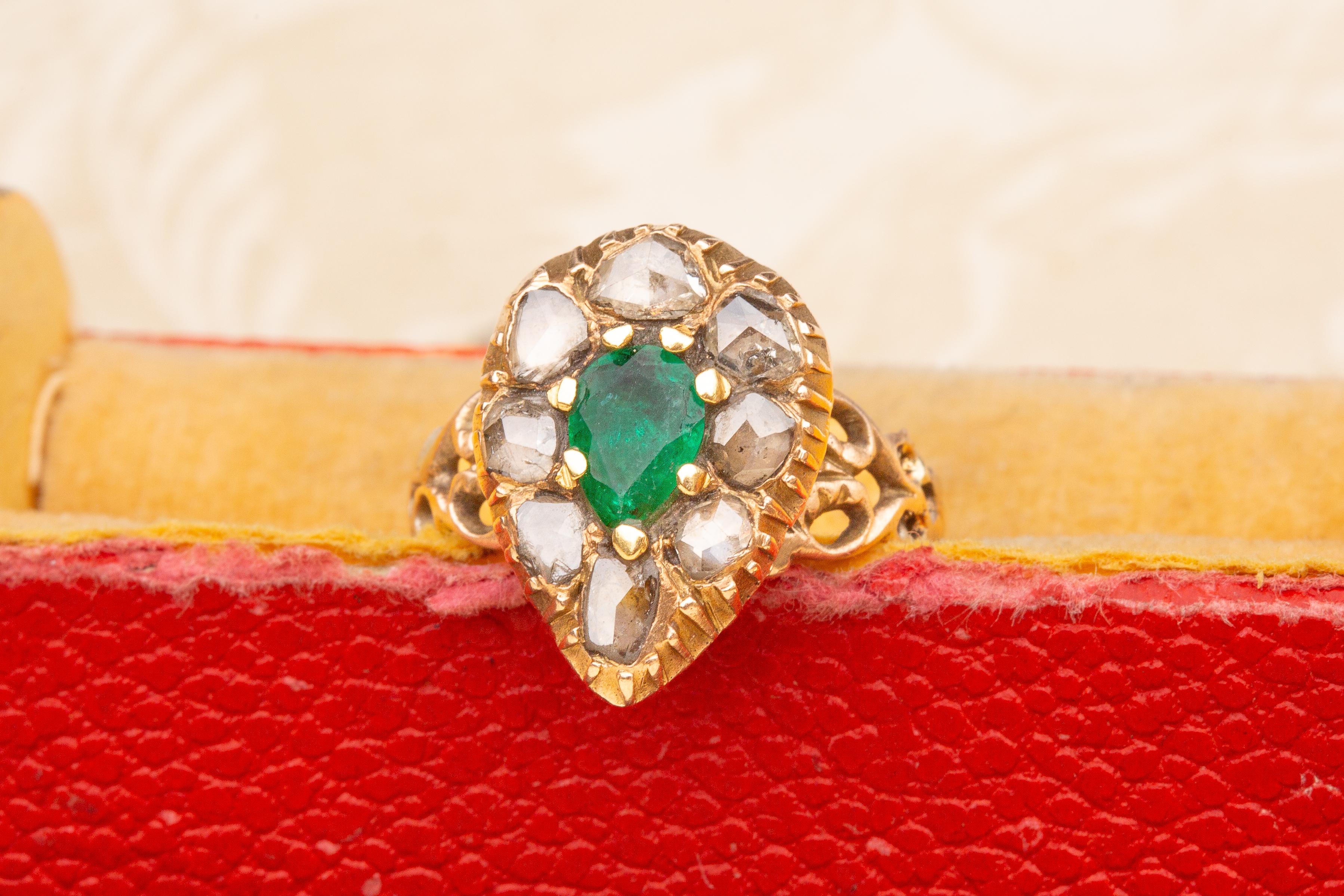 Antique 19th Century Emerald and Diamond Ring Pear Shaped Heart Ring Rose Cut For Sale 3