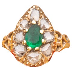 Used 19th Century Emerald and Diamond Ring Pear Shaped Heart Ring Rose Cut