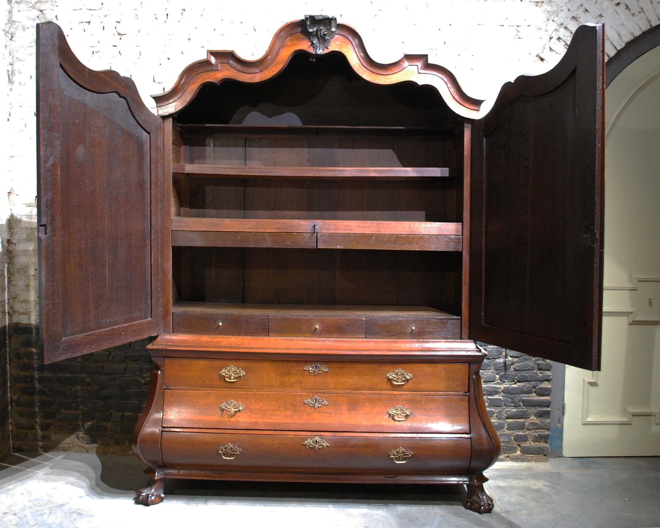Antique 19th Century Empire Dutch Bombe Solid Oak Cabinet For Sale 5