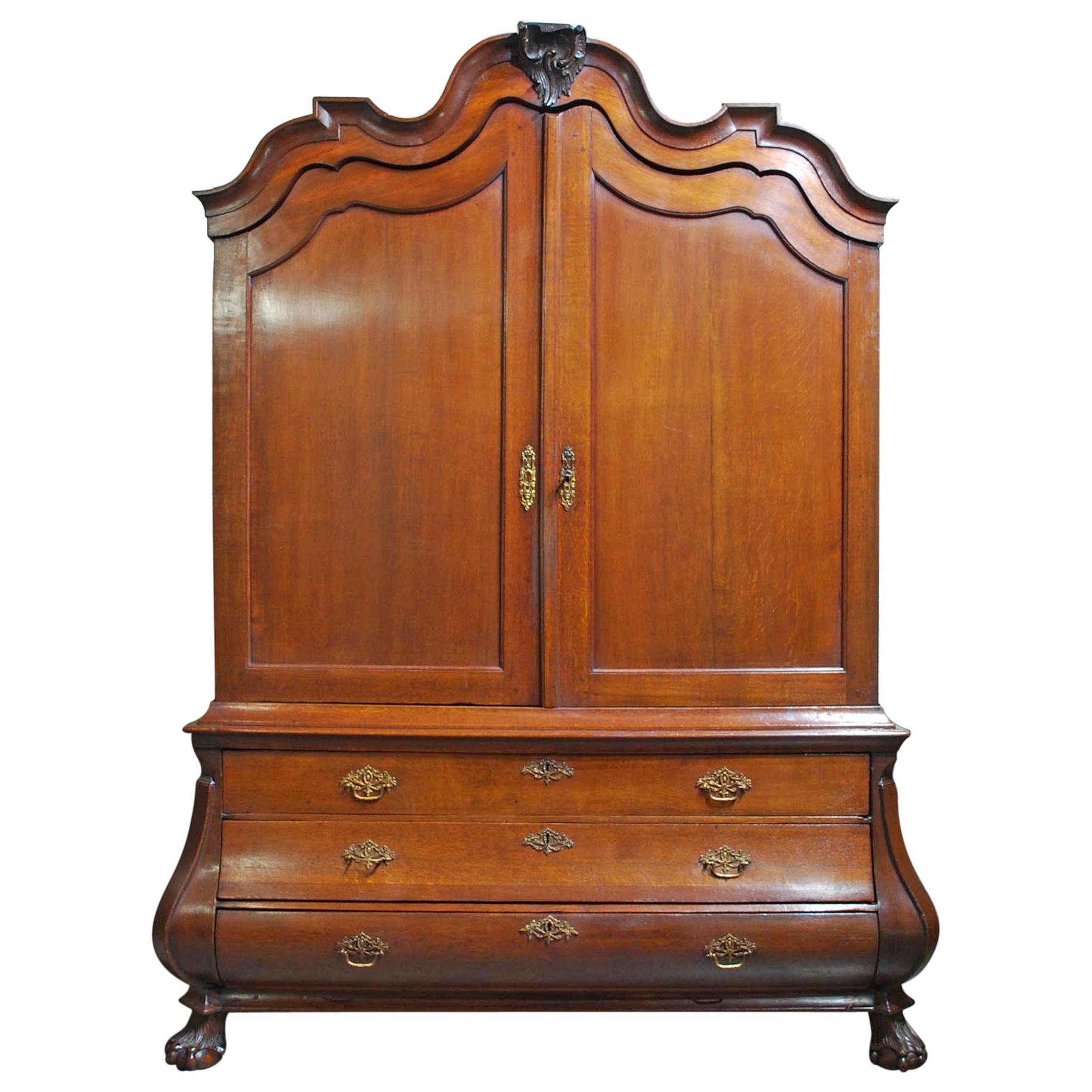 Antique 19th Century Empire Dutch Bombe Solid Oak Cabinet For Sale