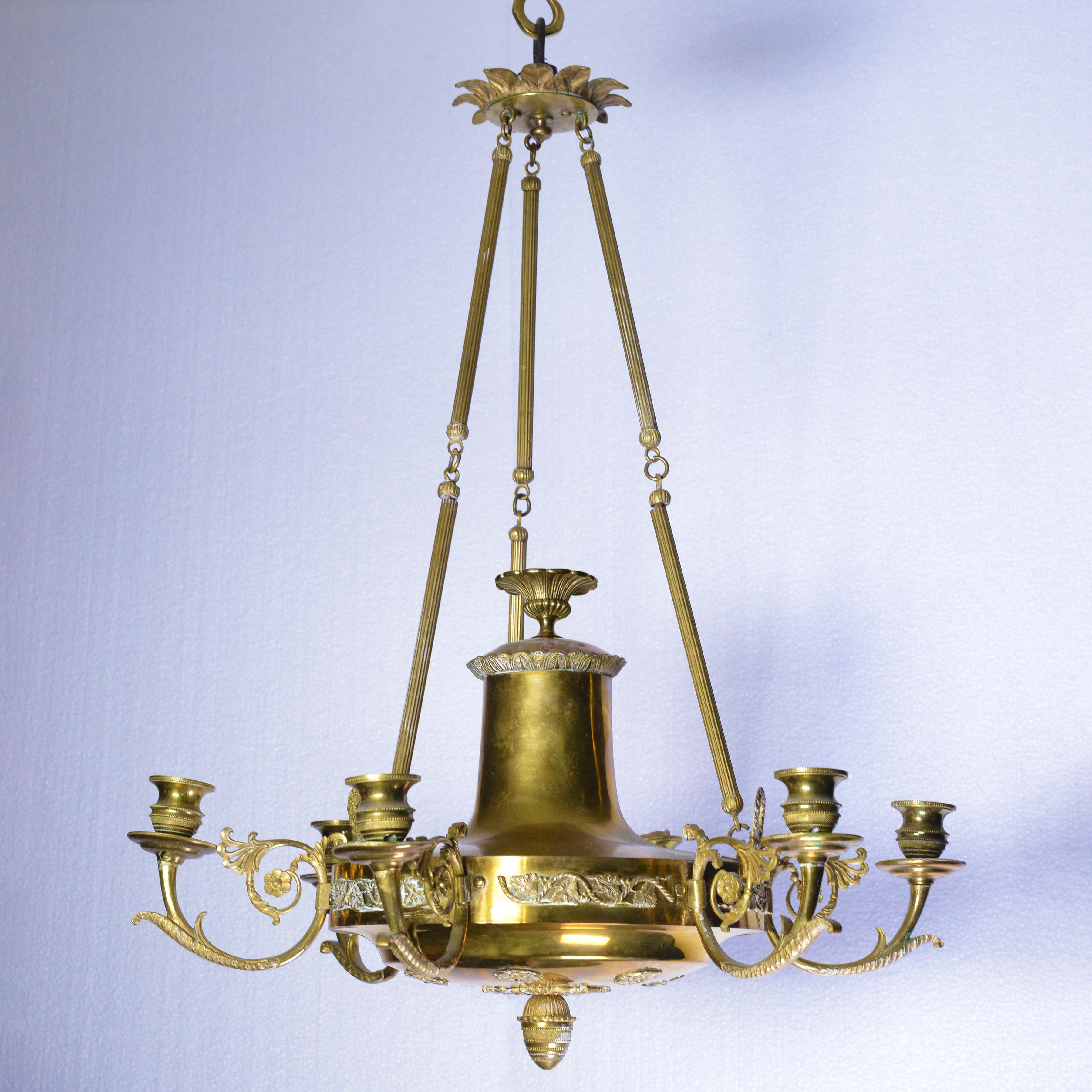 French Antique 19th Century Empire Gilt Bronze Six Light Chandelier Floral Decoration For Sale