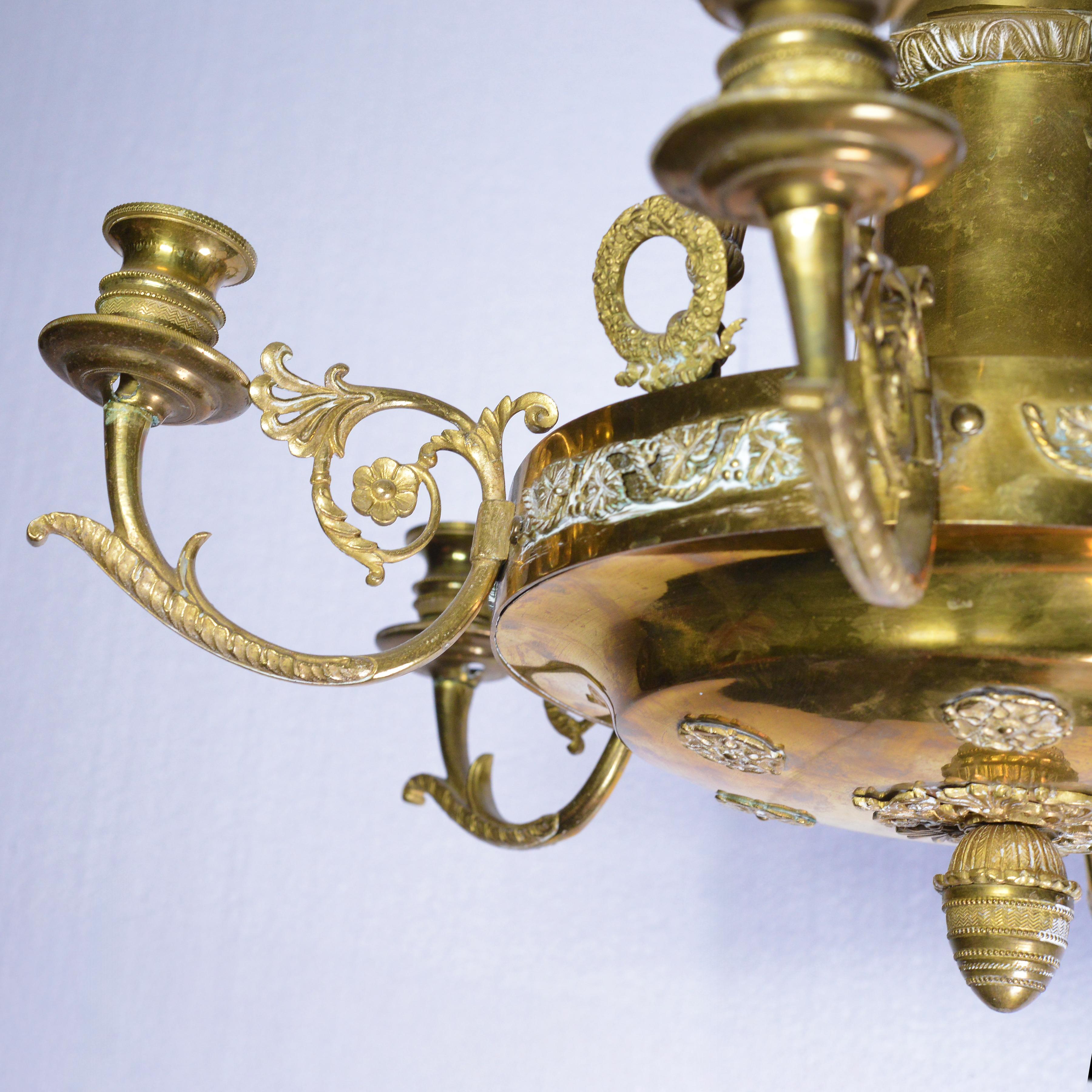 Antique 19th Century Empire Gilt Bronze Six Light Chandelier Floral Decoration In Good Condition For Sale In Sweden, SE