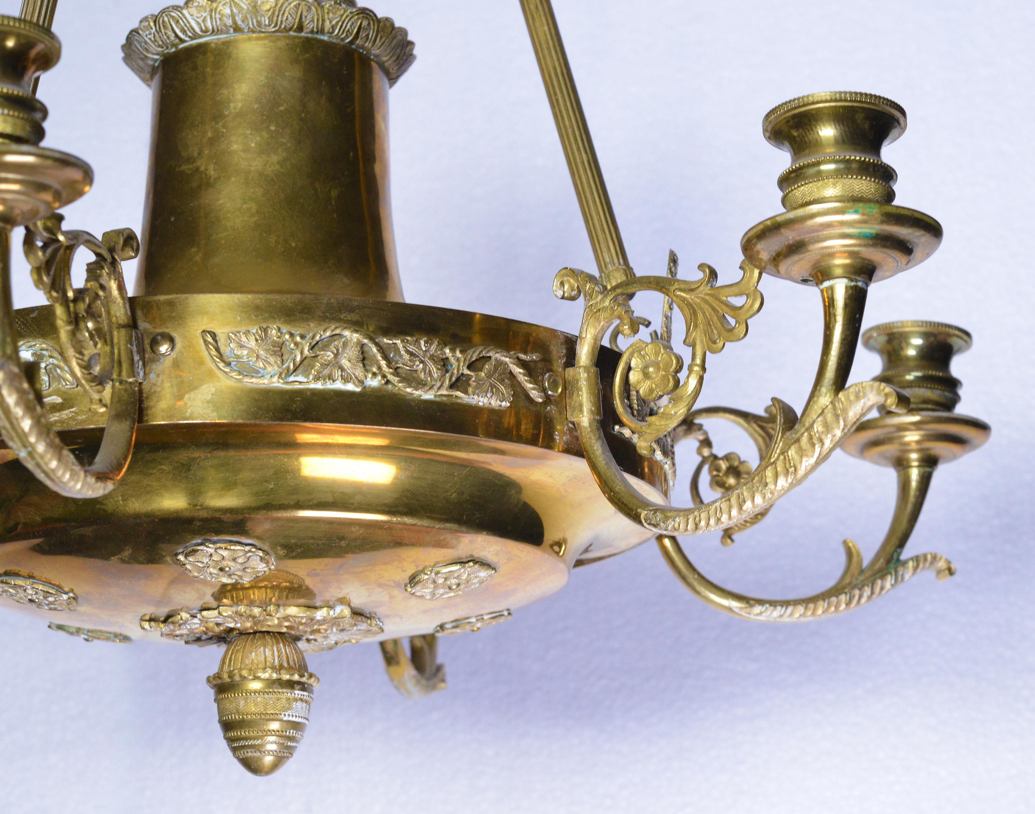 Brass Antique 19th Century Empire Gilt Bronze Six Light Chandelier Floral Decoration For Sale