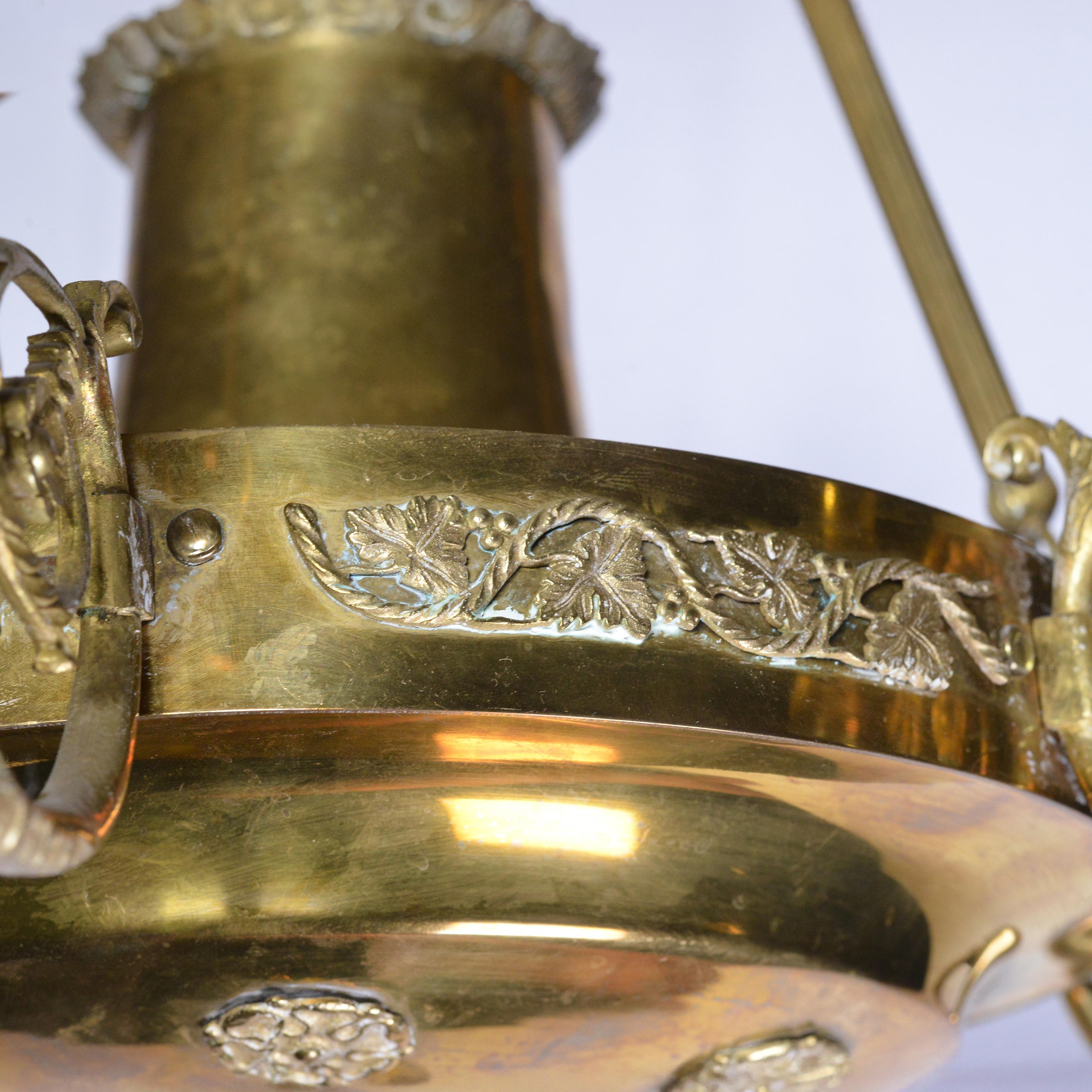 Antique 19th Century Empire Gilt Bronze Six Light Chandelier Floral Decoration For Sale 2