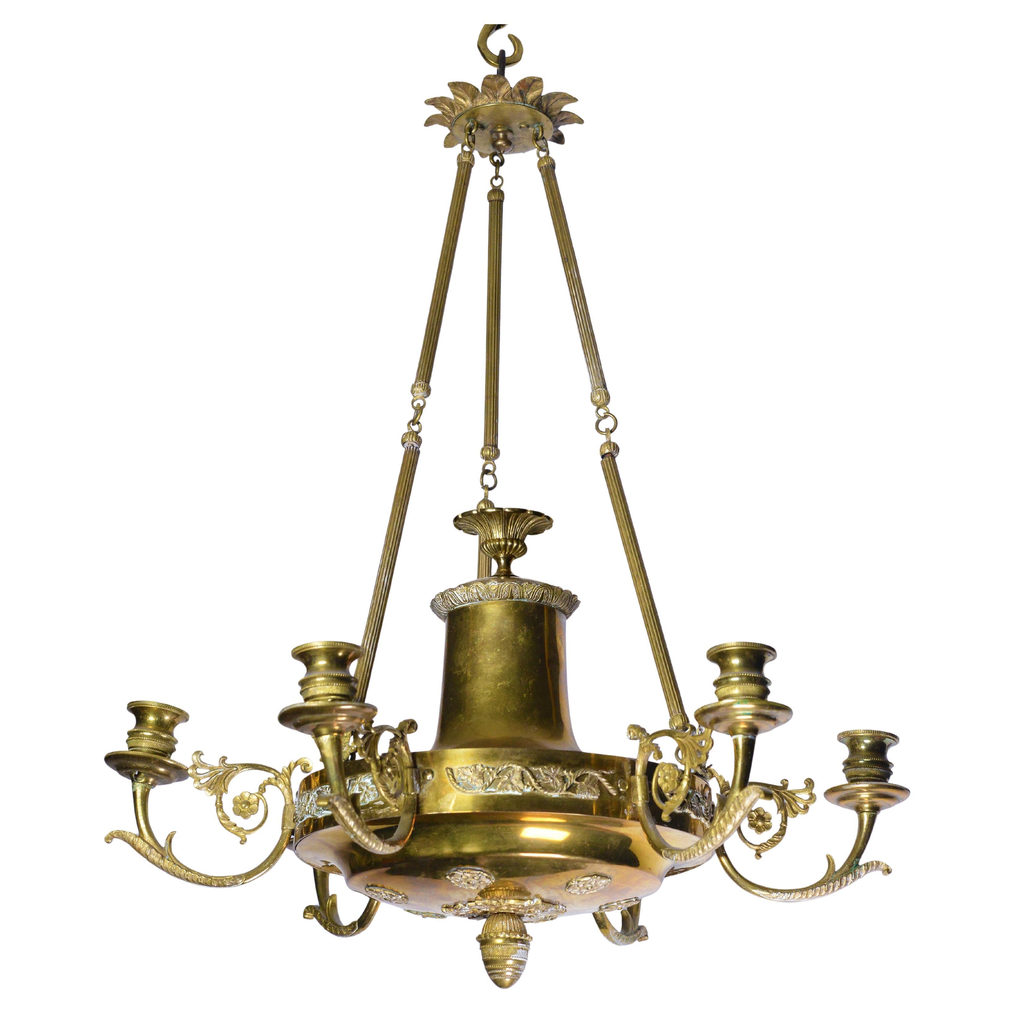 Antique 19th Century Empire Gilt Bronze Six Light Chandelier Floral Decoration For Sale