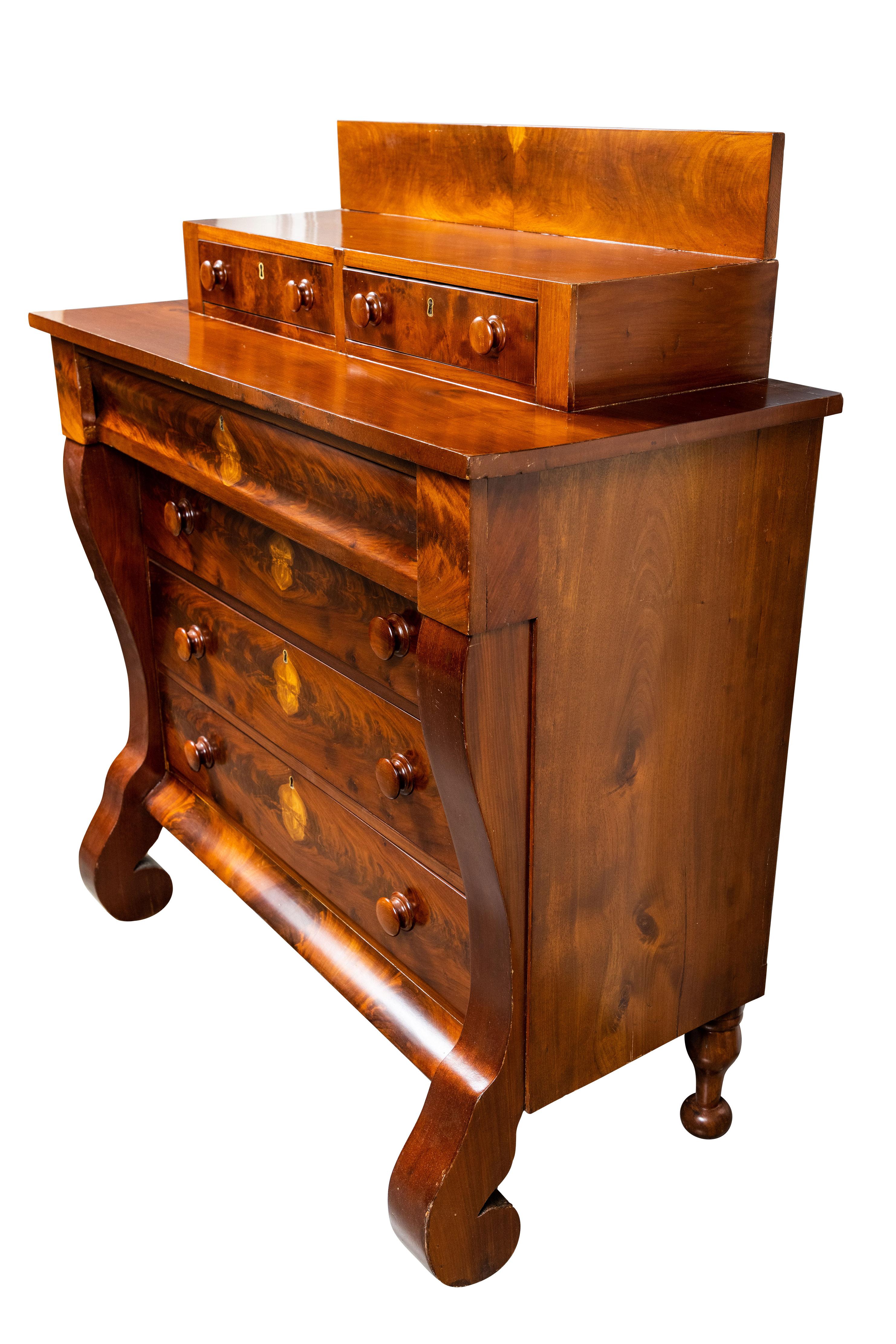 Antique 19th century empire mahogany 6-drawer chest with 4 full size drawers below and 2 small drawers on top, newly refinished.
 