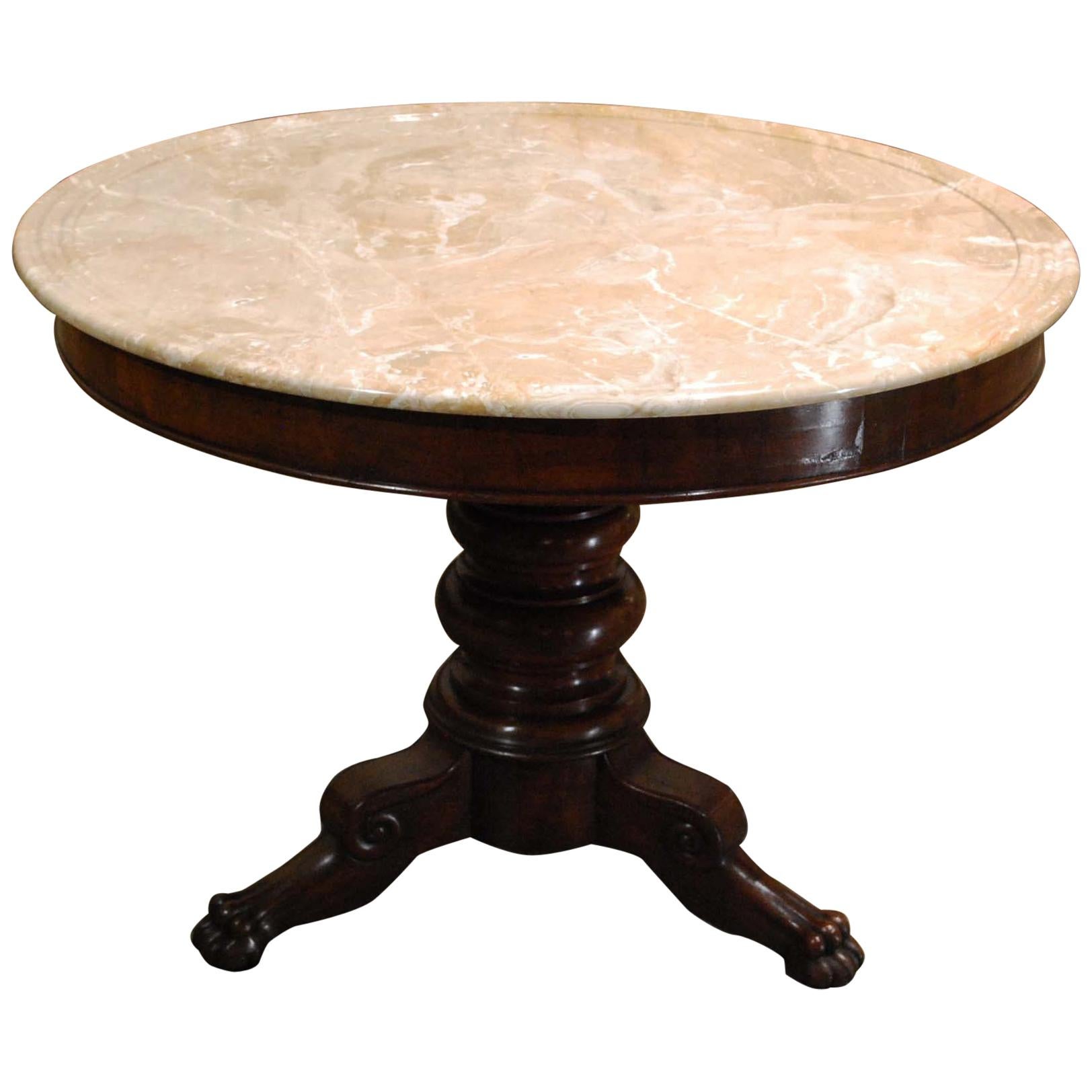 Antique 19th Century Empire Round Mahogany Table with Marble Top