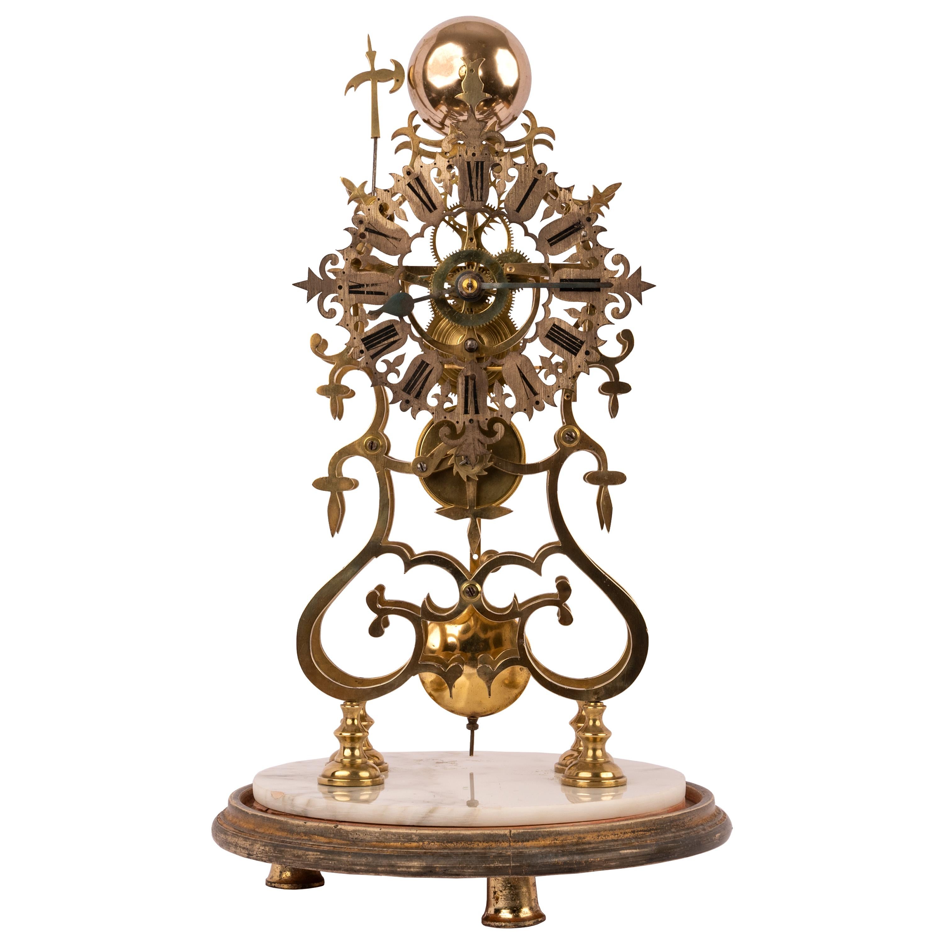 A good & large antique 19th century eight day single fusee skeleton clock, under a glass dome, circa 1870.
The clock has just been serviced and overhauled by a clocksmith, the brass skeleton sits on a marble and mahogany base and is under the