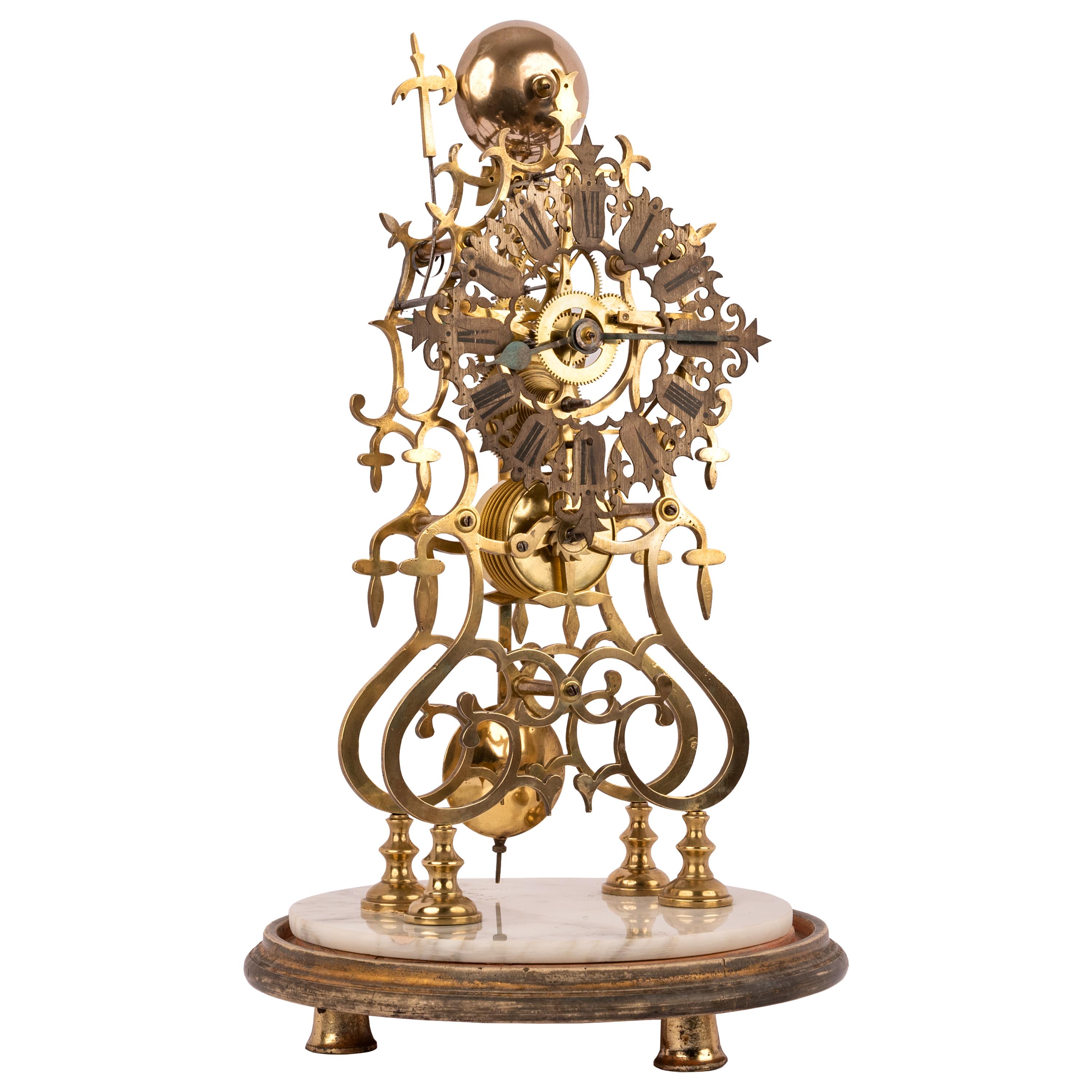 Victorian Antique 19th Century English 8 Day Fusee Brass & Glass Dome Skeleton Clock, 1870 For Sale