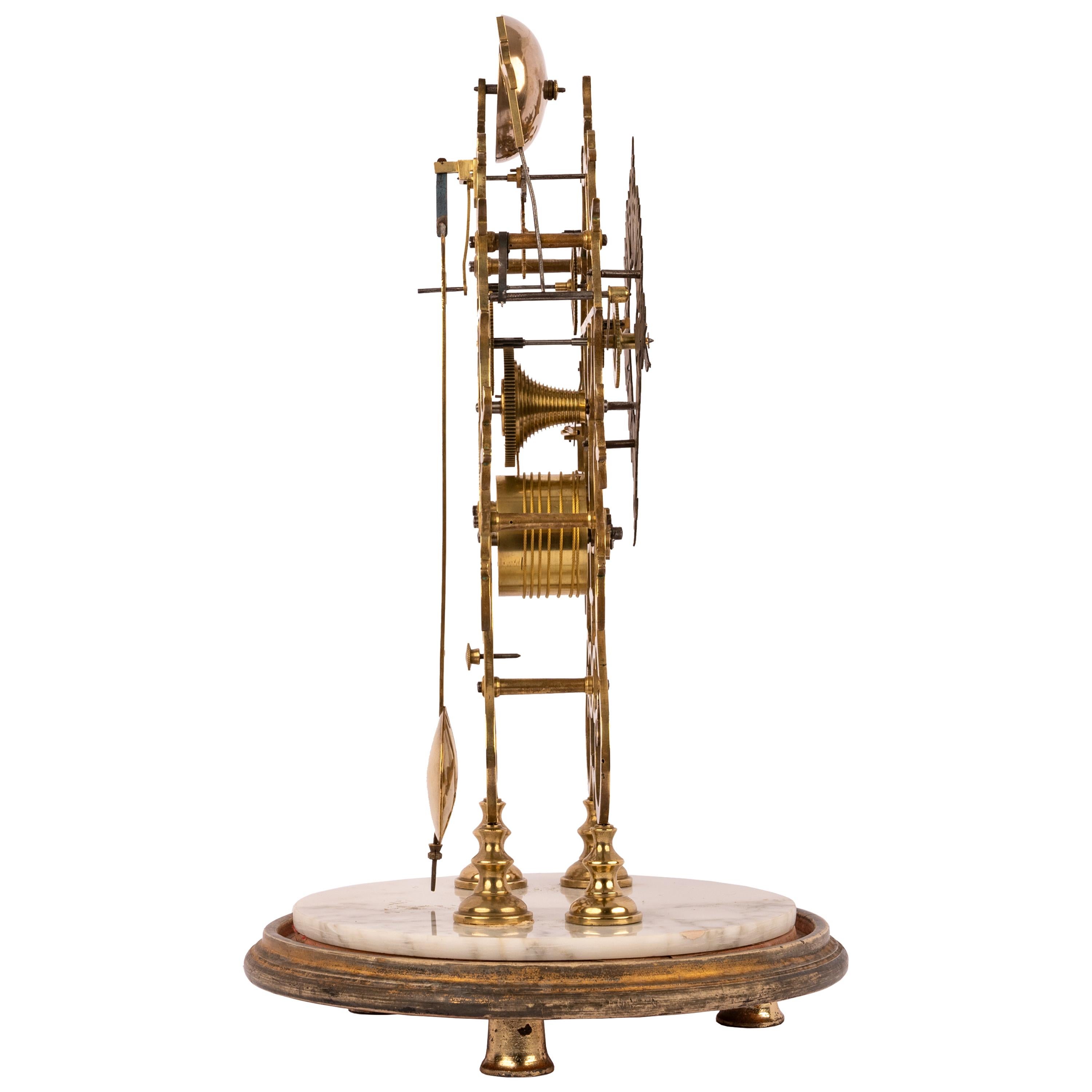 Victorian Antique 19th Century English 8 Day Fusee Brass & Glass Dome Skeleton Clock, 1870 For Sale