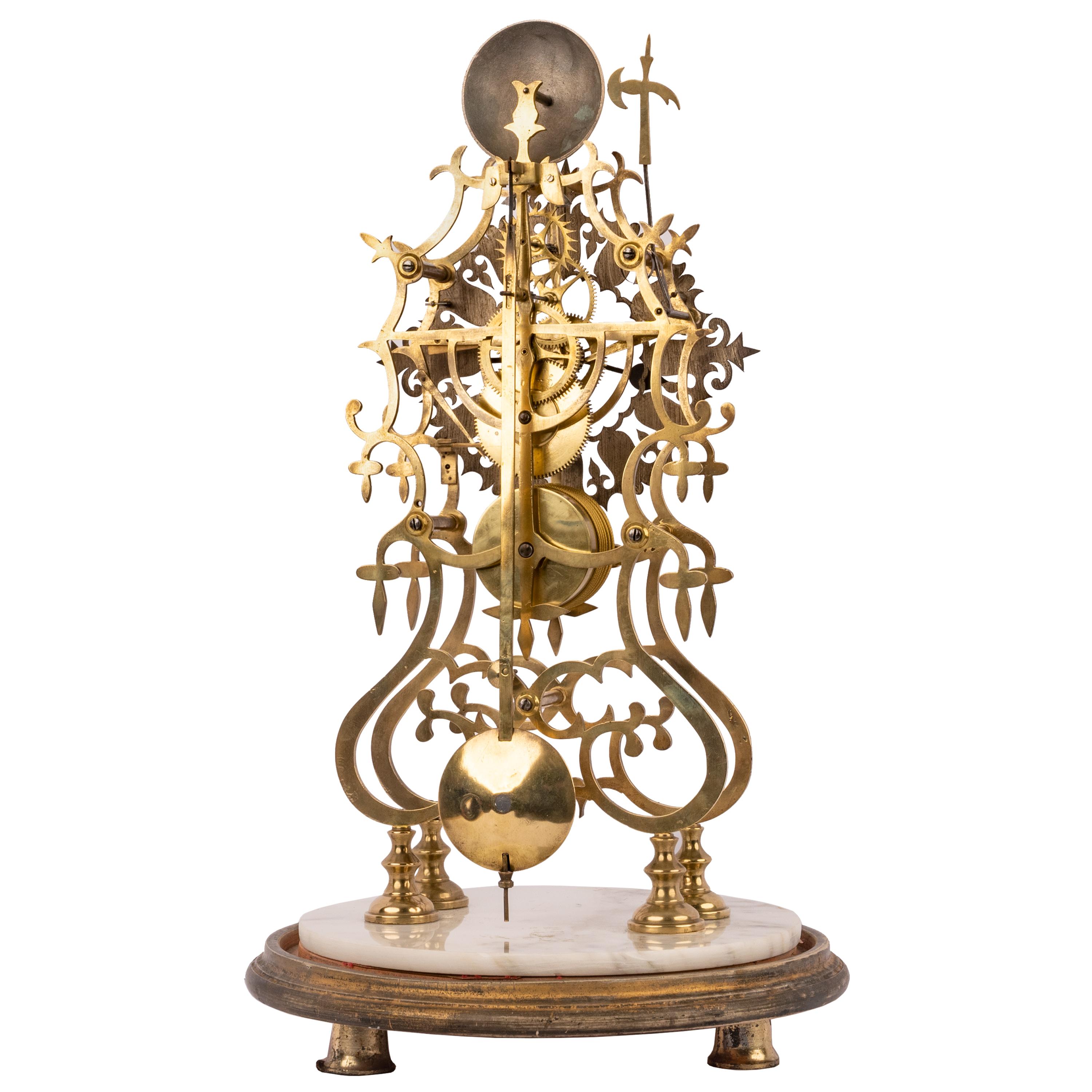 Late 19th Century Antique 19th Century English 8 Day Fusee Brass & Glass Dome Skeleton Clock, 1870 For Sale